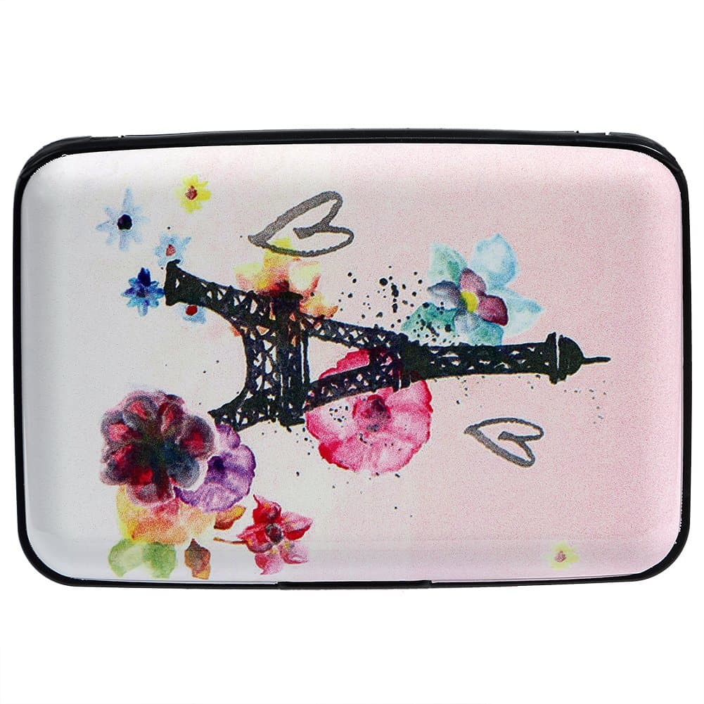 Aluminum RFID Blocking Slim Metal Wallet Credit Card Holder for Men Women (Watercolor Eiffel Towe and Flowers)