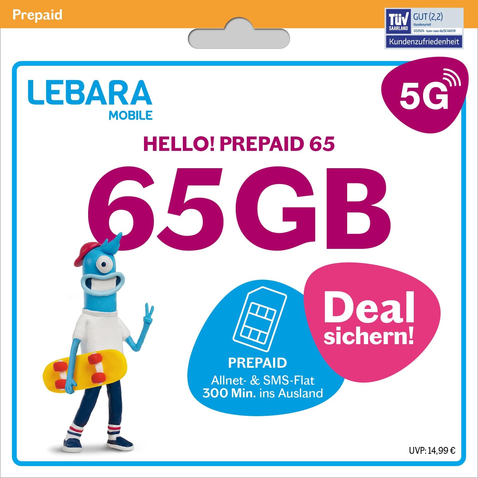Lebara HELLO! M Prepaid SIM Card | 13 GB LTE, Allnet Flat in German Networks, 150 Minutes Abroad, EU Roaming