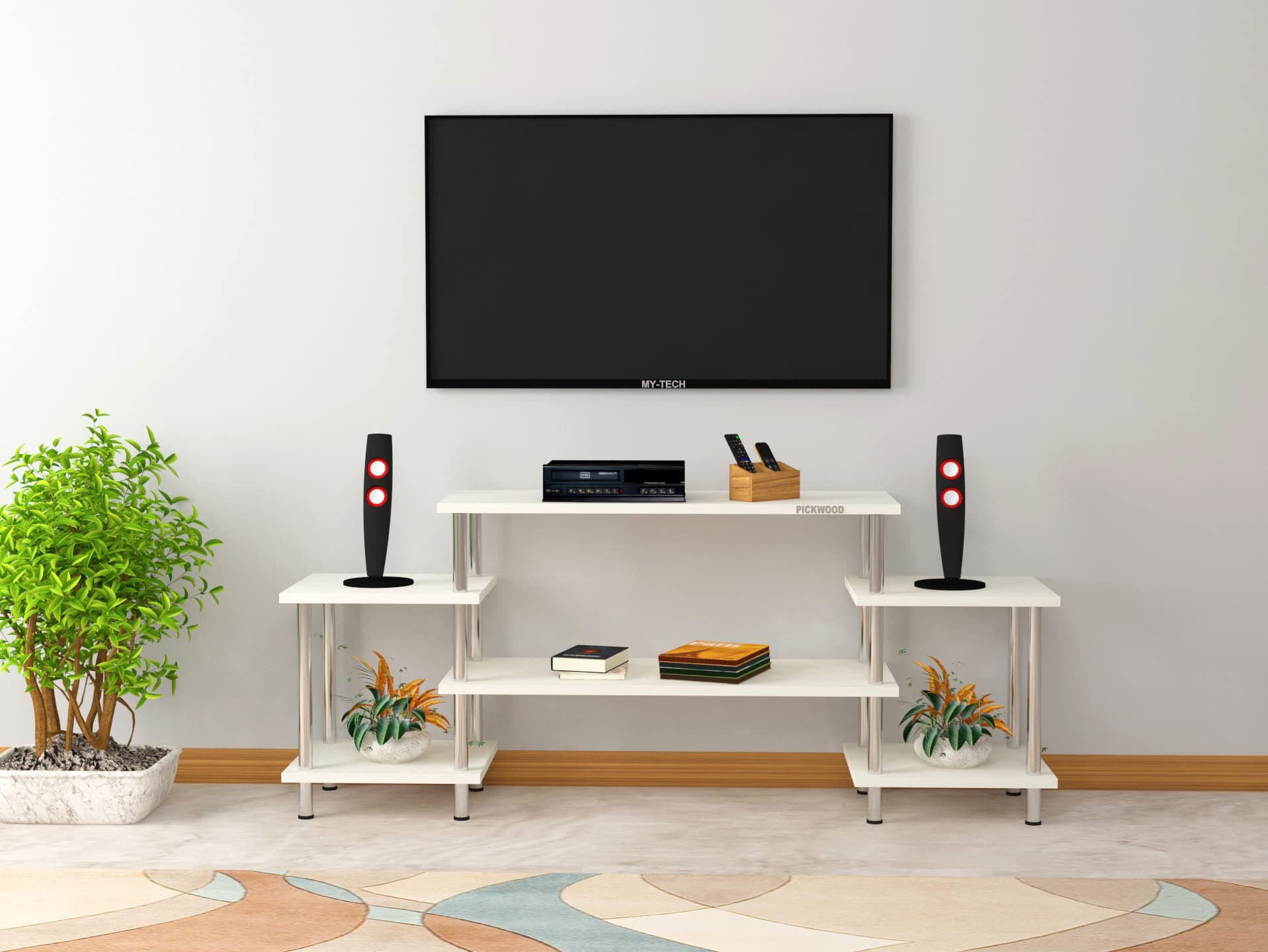 Mariska Engineered Wood with Stainless Steel Pipe Configured TV & Entertainment Unit/TV Stand for Living Room Furniture Frosty White- Ideal for Up to 32" TV Screen (DIY)