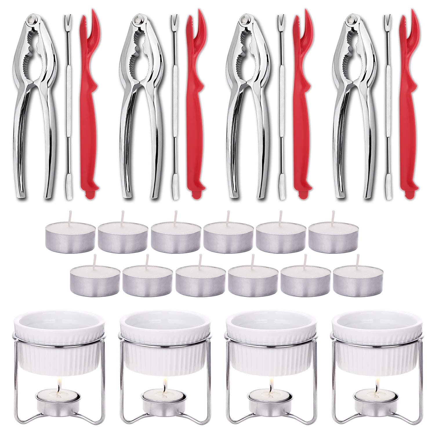 Hiware 28-Piece Crab Crackers and Tools Set - Crab Lobster Leg Crackers and Picks Seafood Tools, Includes Crab Crackers, Butter Warmers, Lobster Shellers, Crab Forks and Tealight Candles