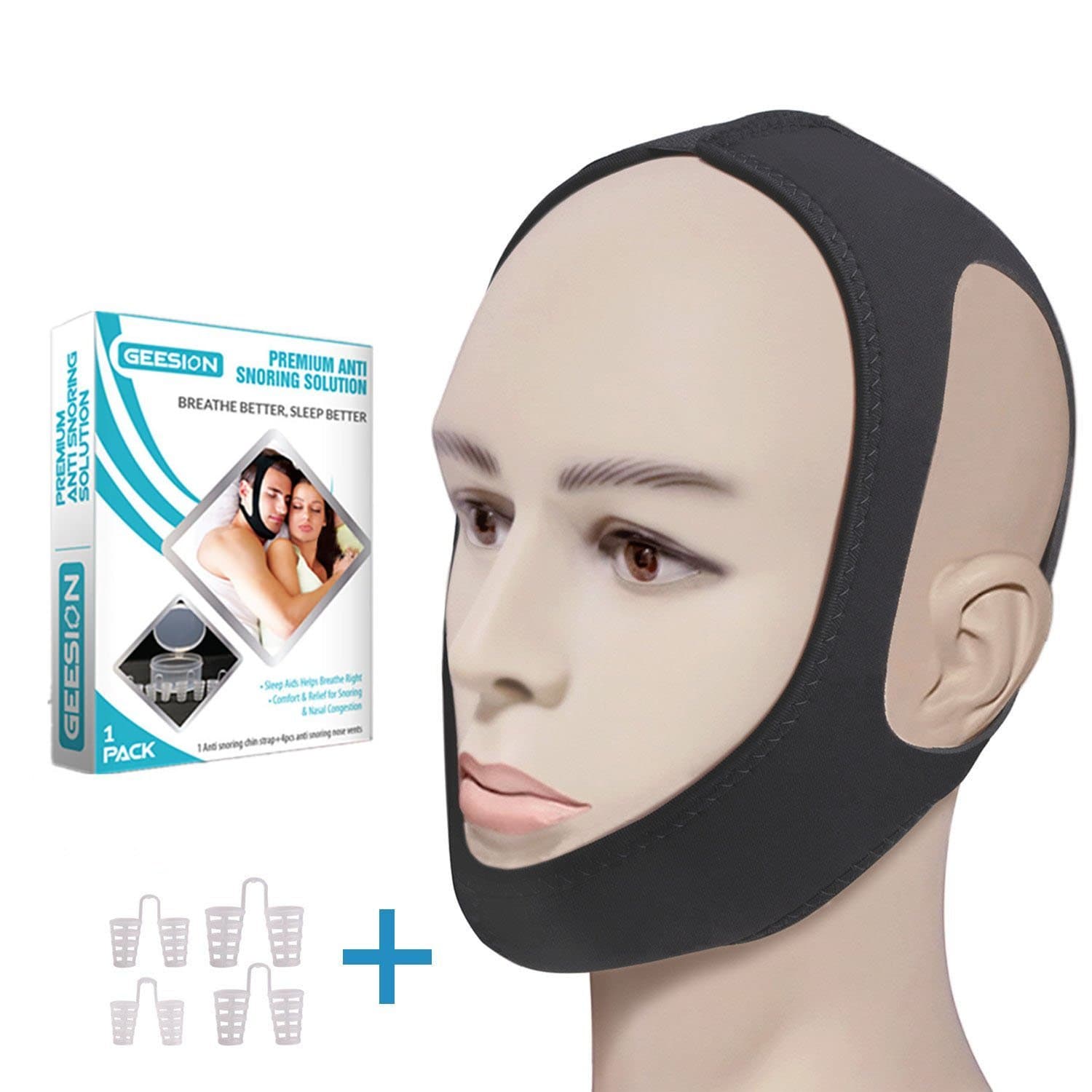 Anti Snoring Chin Strap & Nose Vent by Jensens - Adjustable Sleep Aid Device for Men, Women and Kids. Nasal Dilator for Snoring Reduction Devices - Adjustable Strap with Nose Vents Comfortable