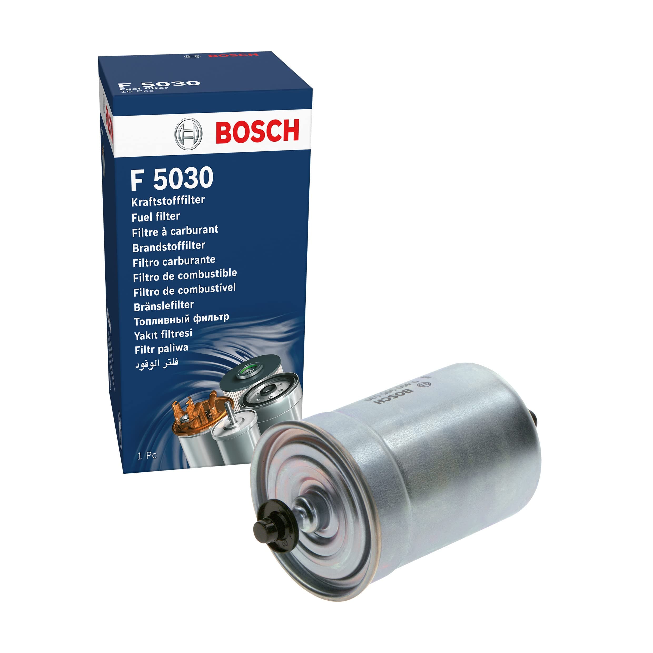 BOSCH F5030 Gasoline Fuel Filter - Compatible with Select Alfa; Audi; BMW 318, 325, 525, 535, 735; Mercedes-Benz E320, G55, S320, S420, S500, S55, SL500, SL55; Volkswagen Cabrio, Golf, Passat + More
