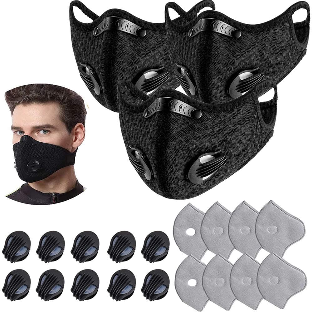 3 Pcs Unisex Protect Mouth Cover Adjustable Reusable with 8 Filters 10 exhaust valves,for Allergies Woodworking Running Sanding Mowing（Black） …