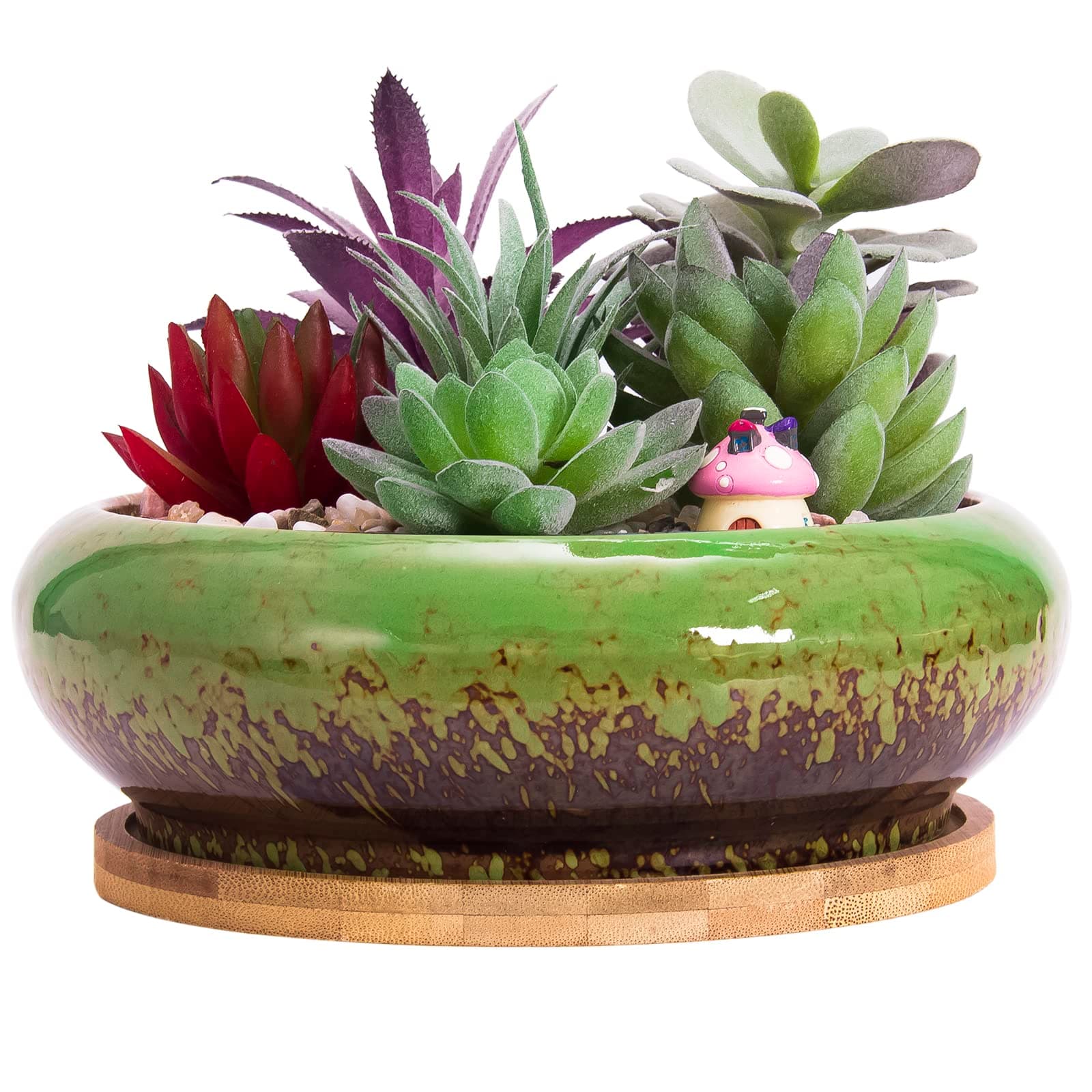 ARTKETTY Succulent Pots - 7.3 Inch Ceramic Bonsai Pots with Drainage Tray, Large Shallow Succulent Planters for Indoor Cactus Plants Decorative Flower Plant Container Bowl