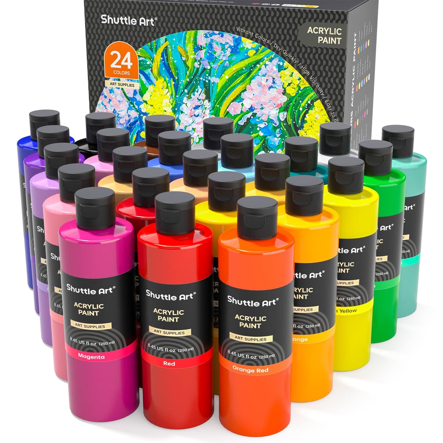Shuttle Art Acrylic Paint, 24 Colors Acrylic Paint Bottle Set, 250ml/8.45oz Each, Rich Pigments, High Viscosity, Bulk Paint for Artists, Beginners and Kids Painting on Rocks Crafts Canvas Wood Ceramic