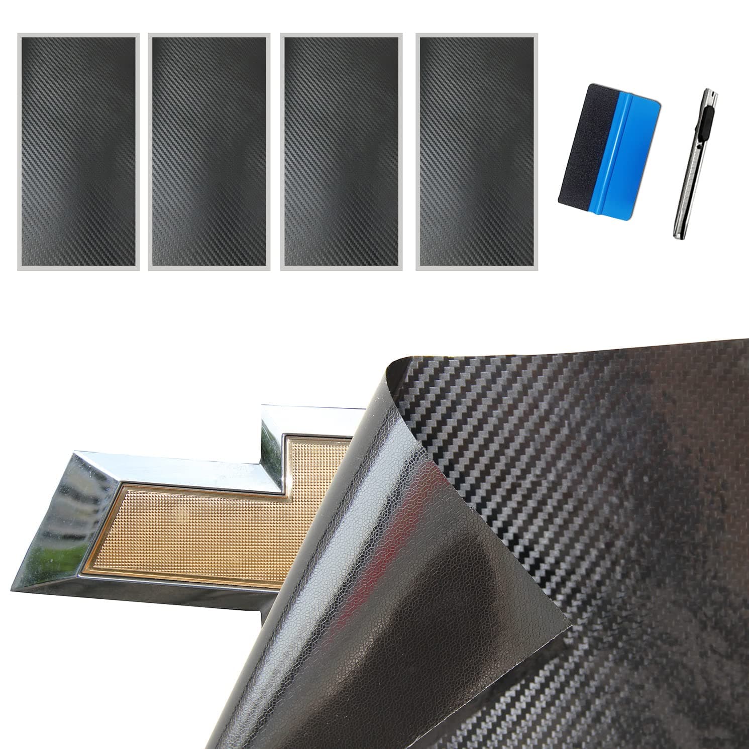 LZLRUN Compatible with Bowtie Logo Wrap Stickers Cut-Your-Own Emblem Overlay DIY Decals for Chevy (11.8 Inch x 4 Inch) (Black Carbon Fiber)