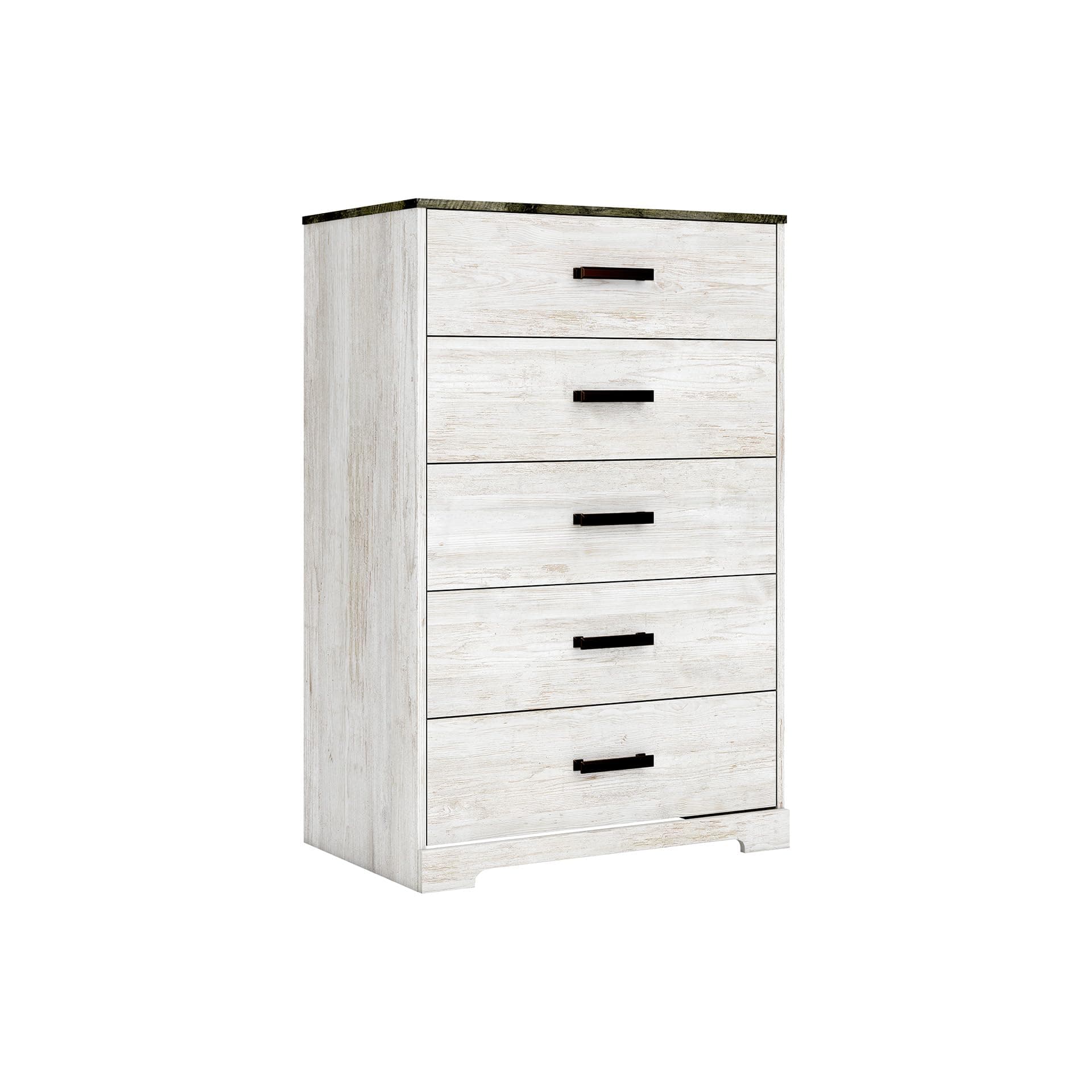Signature Design by Ashley Shawburn Rustic 5 Drawer Chest of Smooth-Gliding Drawers and Safety Stop, White & Gray