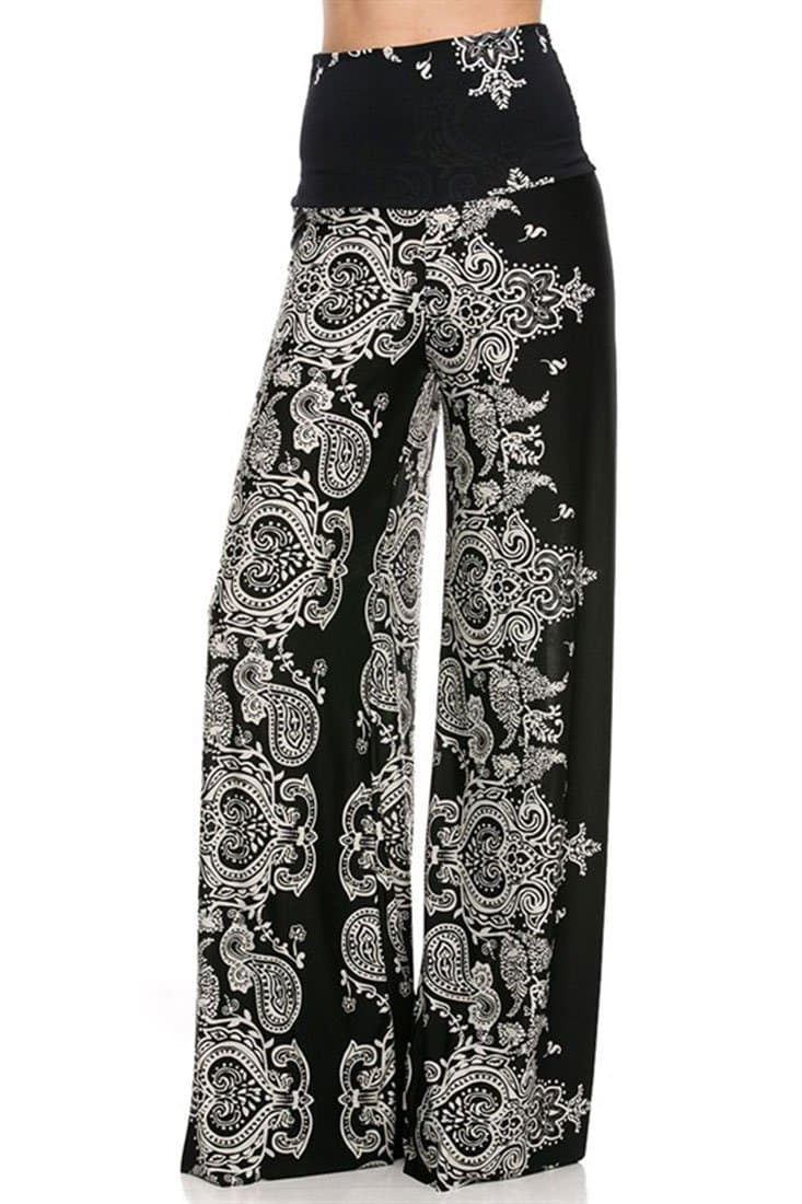 NioBe Plus Size High Waist Foldover Boho Palazzo Pants (3XL, Bandana Black)