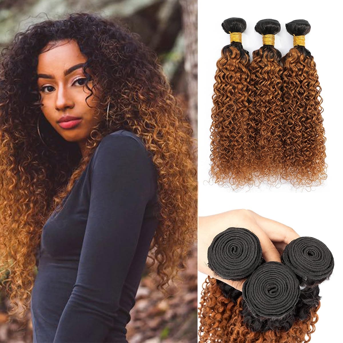 Ombre Two Tone Brazilian Kinky Curly Hair Bundles 1B/30 Virgin Curly Hair Extension 3 Bundles Kinkys Curly Human Hair Black to 30# 300 Gram (10 12 14)