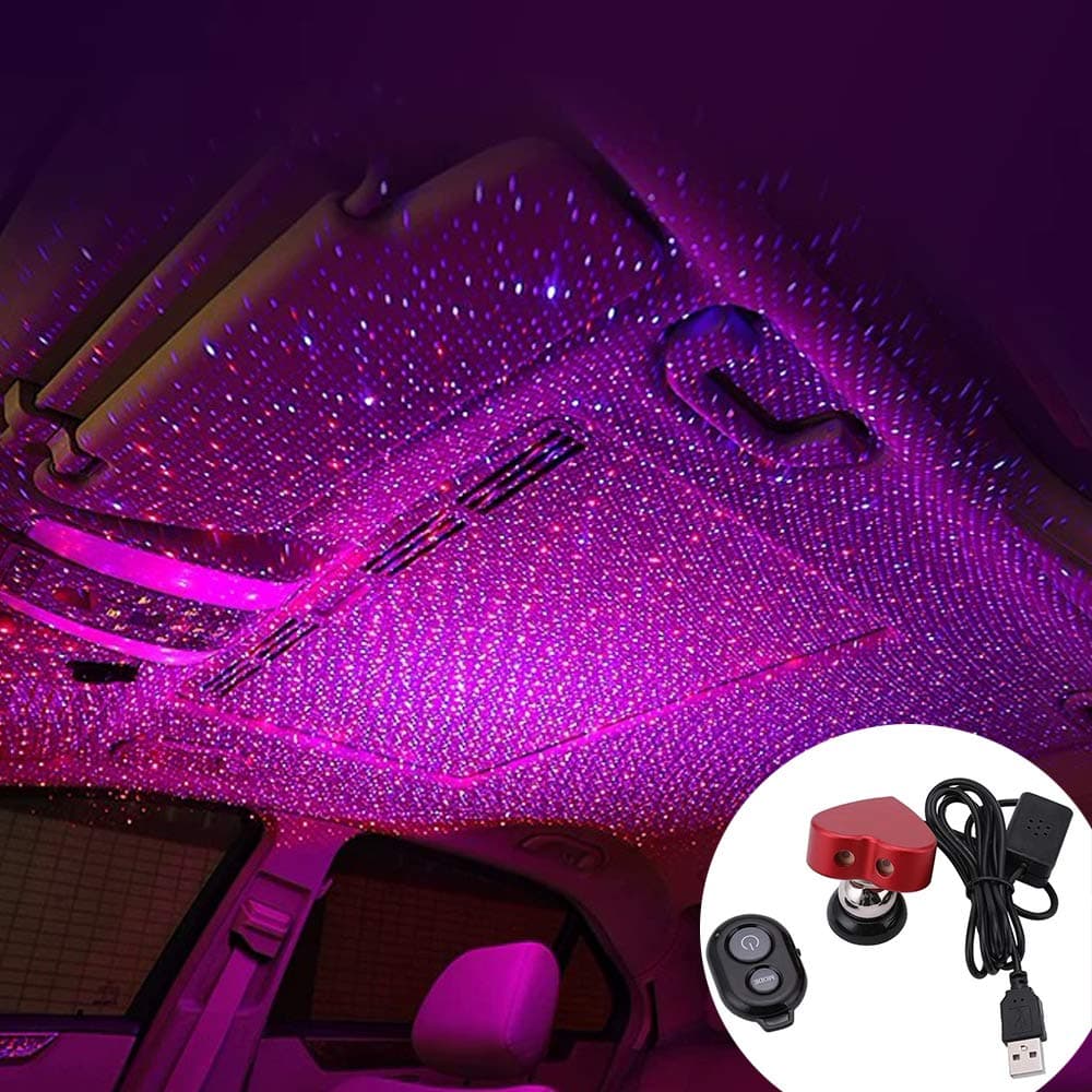 2019 Romantic Auto Roof Star Projector Lights, Flexible Romantic Galaxy USB Night Lamp Fit All Cars Ceiling Decoration Light Interior Ambient Atmosphere -No Need to Install (Red-Purple)