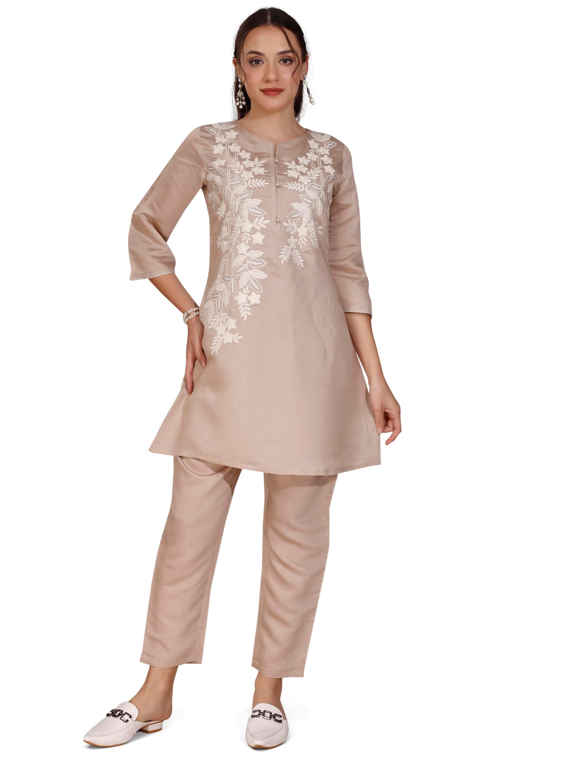 Womanista Women's Silk Blend Solid Thread Embroidery Work Co-Ord Set