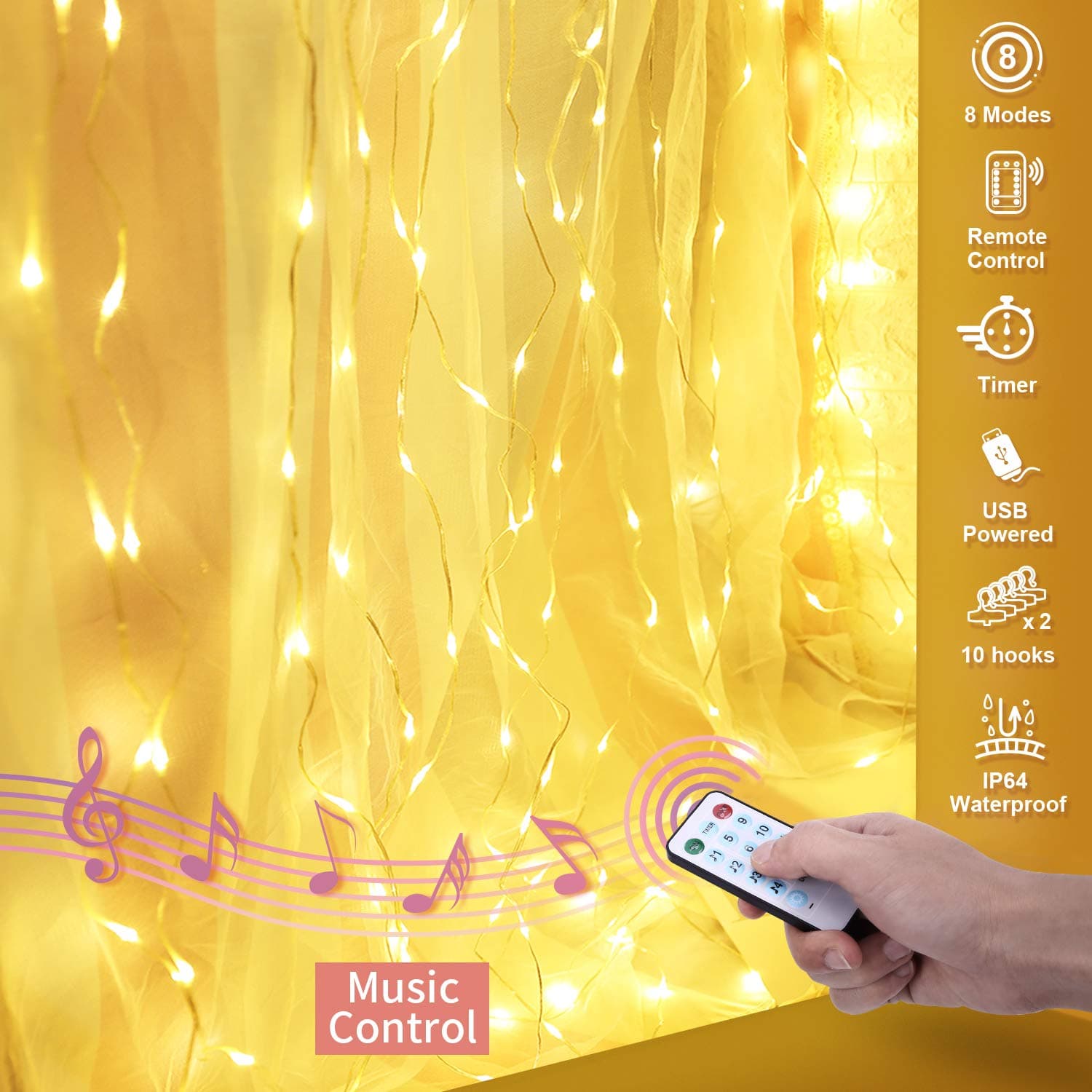 OUSFOT Curtain Lights 300 LED Fairy Lights IP64 Easter Decorative Light 4 Music Modes & 8 Lighting Modes Music Sync Light for Easter Day Wedding Christmas Party Garden Bedroom (Warm White)