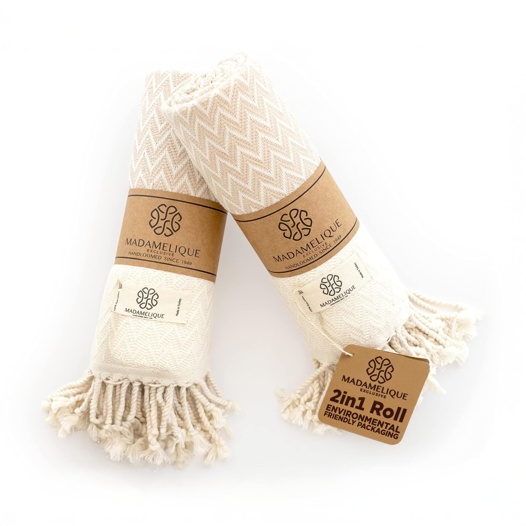 Madamelique Exclusive Hand Towels Set of 2-18 x 40 Inches - Decorative Bathroom Peshtemal Towel for Hand, Face, Hair, Yoga, Tea, Dishcloth, Kitchen and Bath - 100% Pure Cotton (Beige)