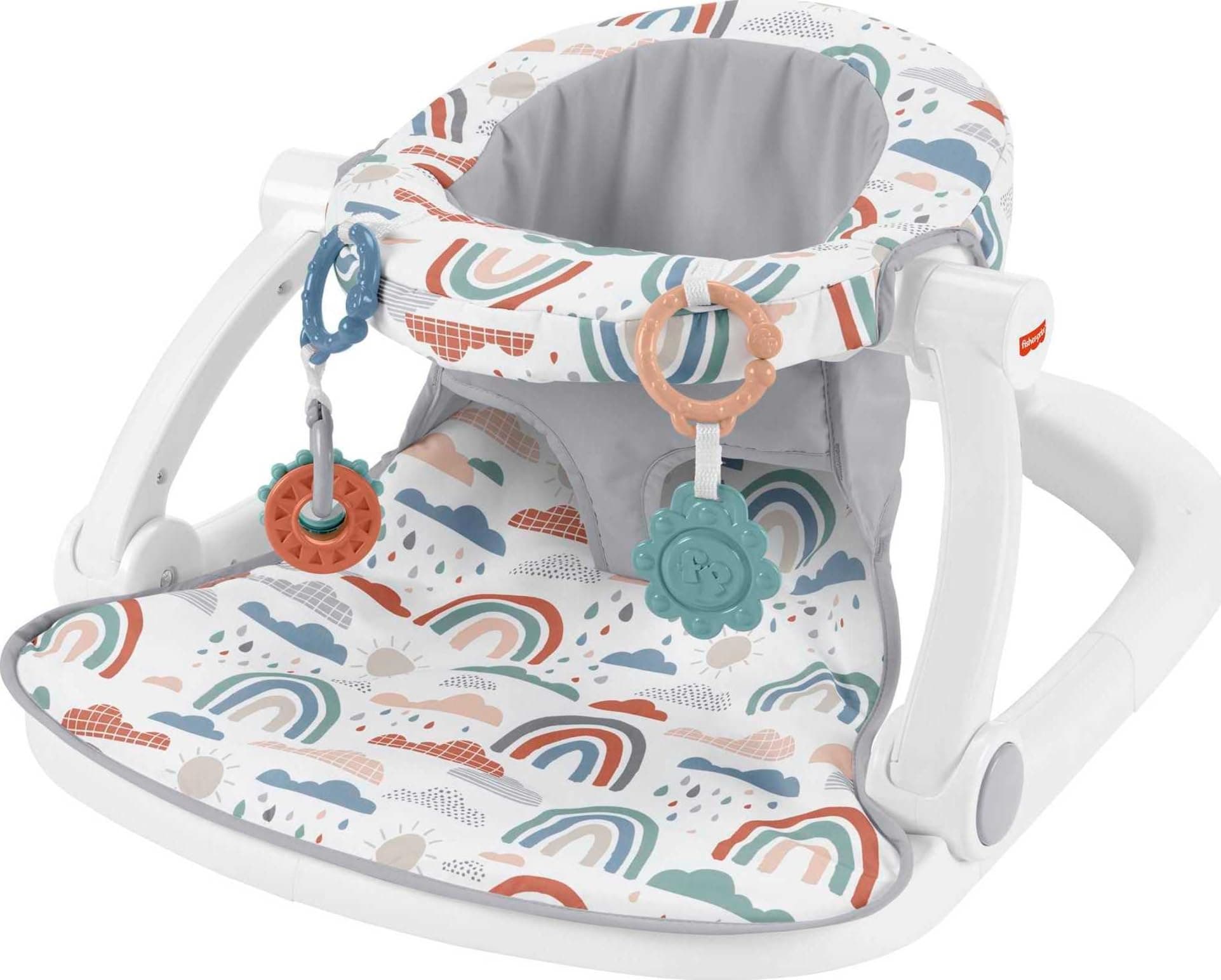 Portable Baby Chair Sit-Me-Up Floor Seat with Developmental Toys & Machine Washable Seat Pad, Rainbow Showers
