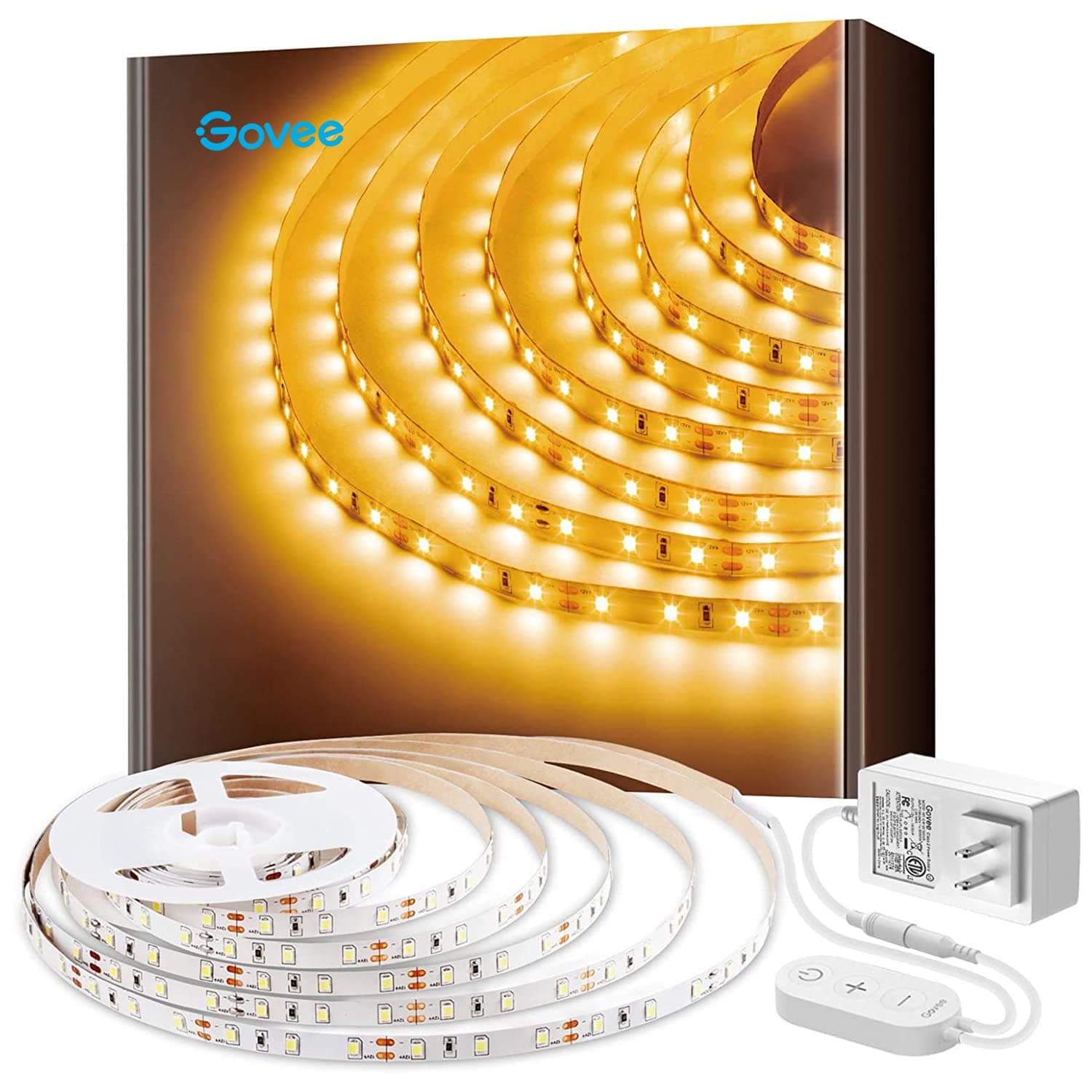 Govee Warm White LED Strip Lights, Bright 300 LEDs, 3000K Dimmable Light Strip 16.4ft with Control Box, LED lights for Bedroom, Kitchen Cabinets, Living Room, ETL Listed Adapter Included
