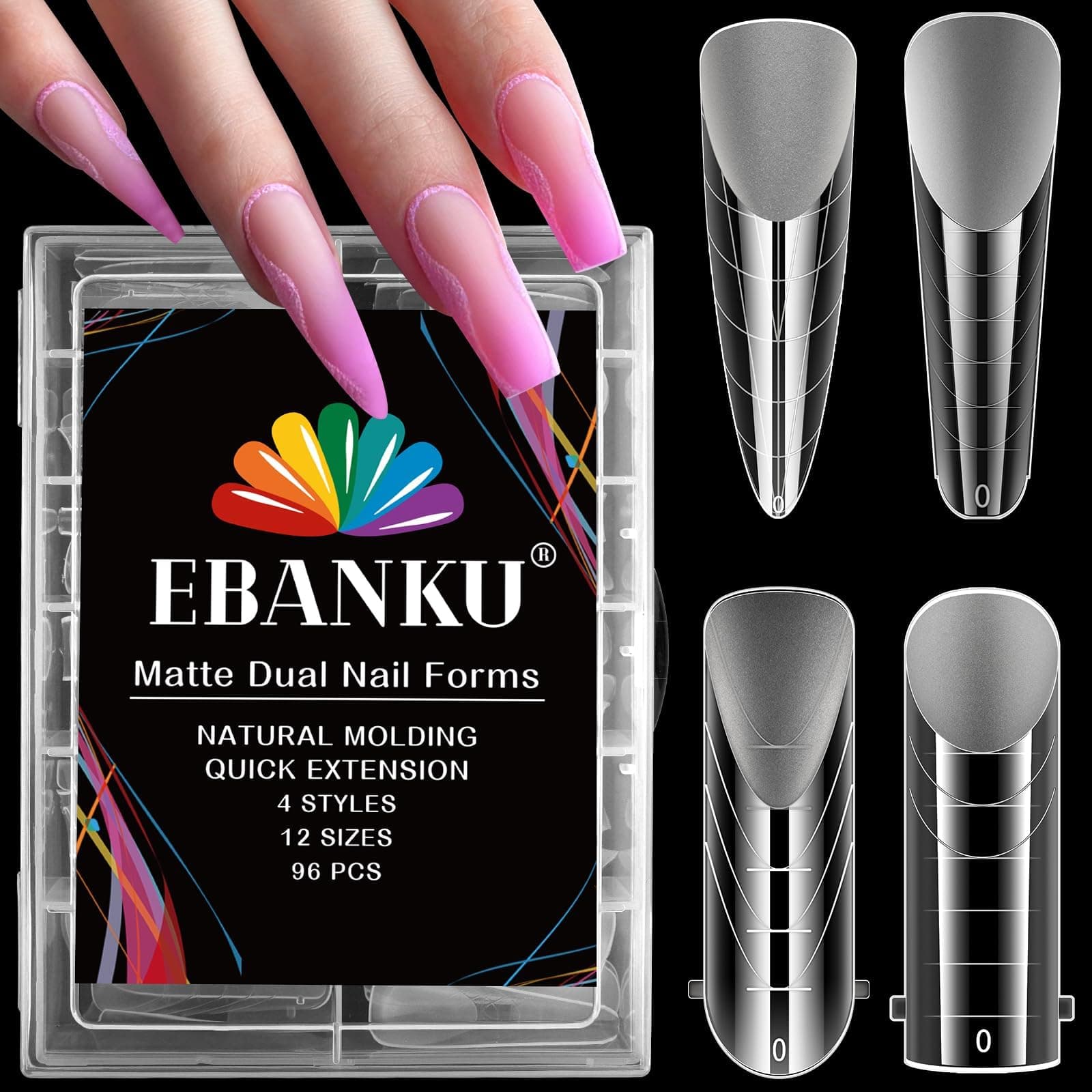 EBANKU96PCS Clear Dual Nail Forms System Full Cover Nail Mold Tips Acrylic Nail Extension Tools for Nail Art Salon Nails Design(4 Styles)