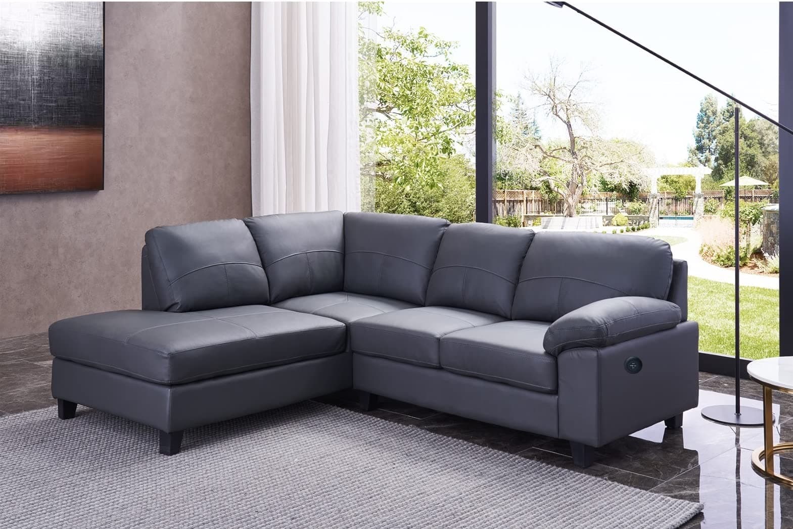 SC Furniture Ltd Dark Grey High Grade Genuine Leather Corner Sofa BOSTON (Left Hand Facing) + USB