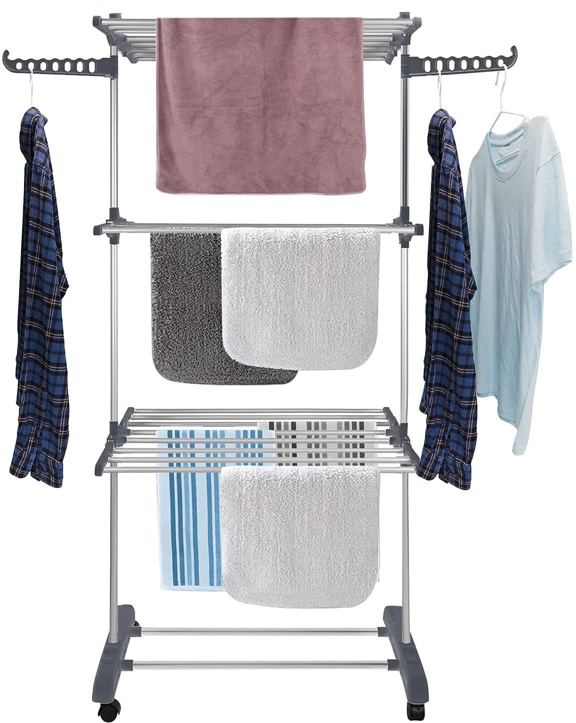 Toworld Clothes Drying Rack Folding 3 Tier Clothes Horses Rack Stainless Steel Laundry Drying Rack with 2 Adjustable Side Wings, Space Saving Free-Standing Dryer Stand for Clothing