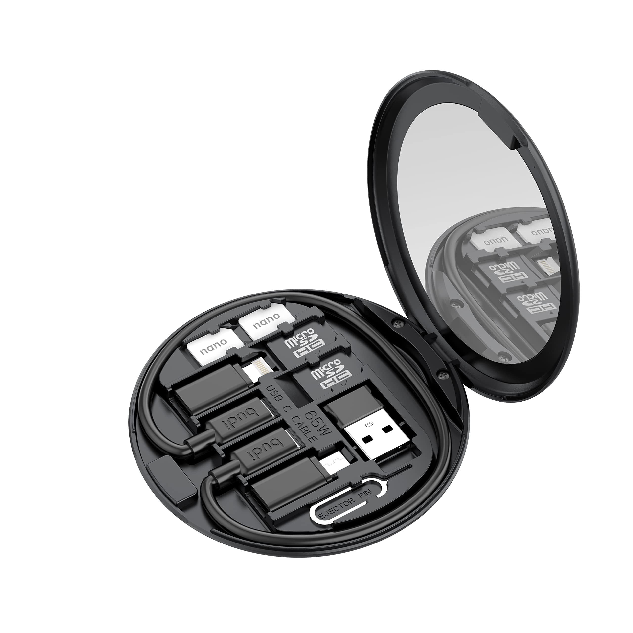 BUDI Mini Mirror SD CF Card Reader 11 in 1 TF Memory Card Adapter Camera Card Reader Digital Beauty Gadget Storage case USB C Type Charging and Data Transfer case