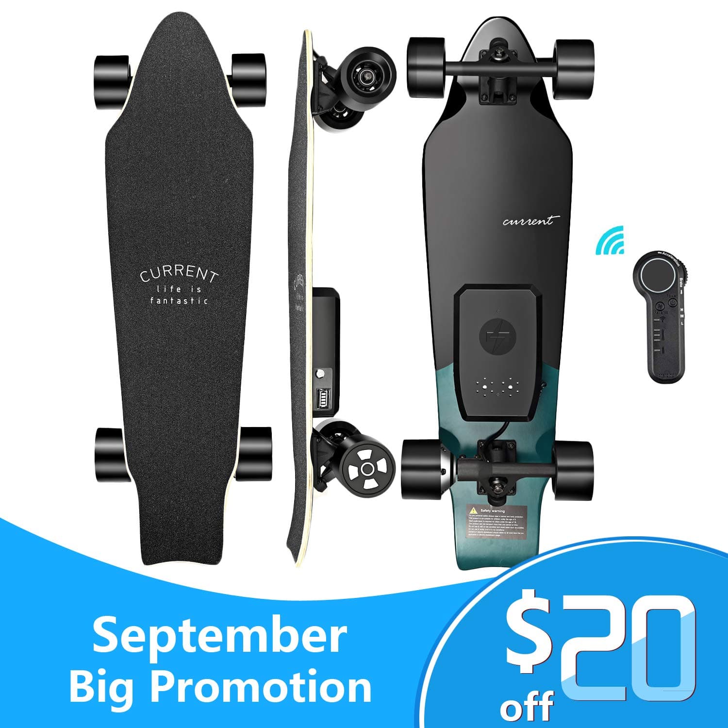 Current X1 Electric Skateboard Longboard 6.5-8.5 Miles Max Range | 18 MPH Top Speed 450W Hub Motor Recommended Max Load 220 Lbs