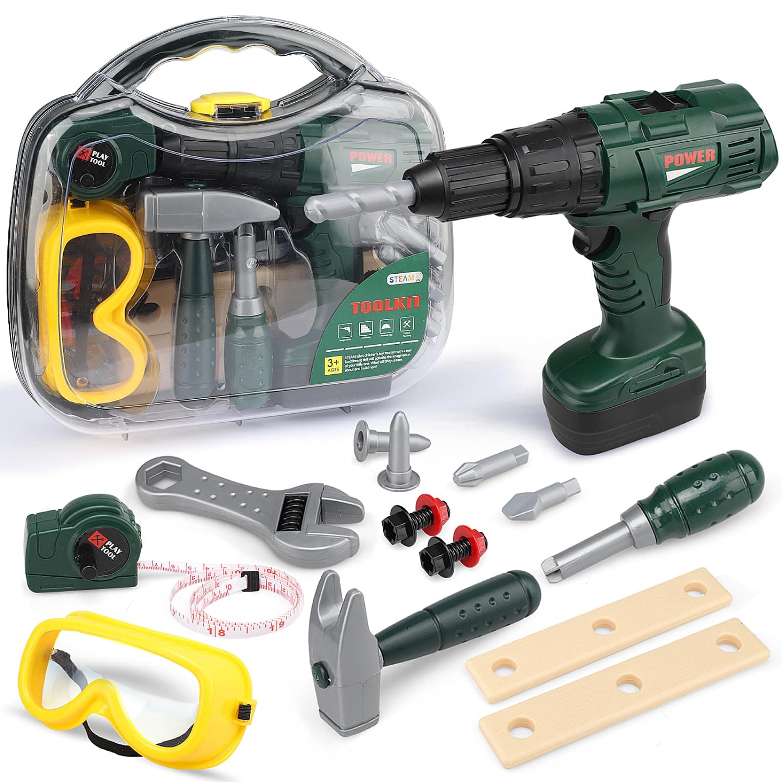 STEAM Life Kids Tool Set with Power Toy Drill | Toy Tool Set Contains Tool Box and Toy Hammer, Goggles, Power Drill and 11 More Play Tools