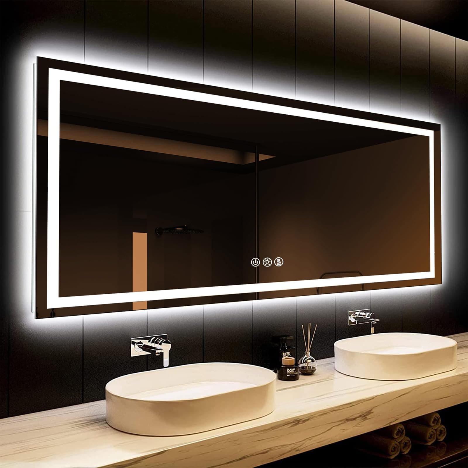 ROOMTEC 55 x 36 Inches LED Bathroom Mirror with Front and Backlit,Anti-Fog,3 Colors and Dimmable Light(Horizontal/Vertical)