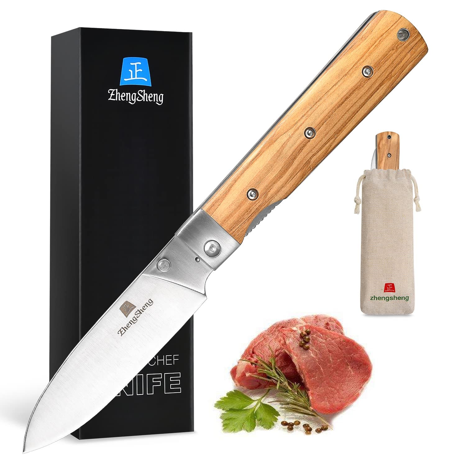 ZhengSheng 4.5-Inch Folding Kitchen Knife with Ultra Sharp 440A Stainless Steel Blade and Natural Olive Handle for BBQ, Peeling, Outdoor Camping