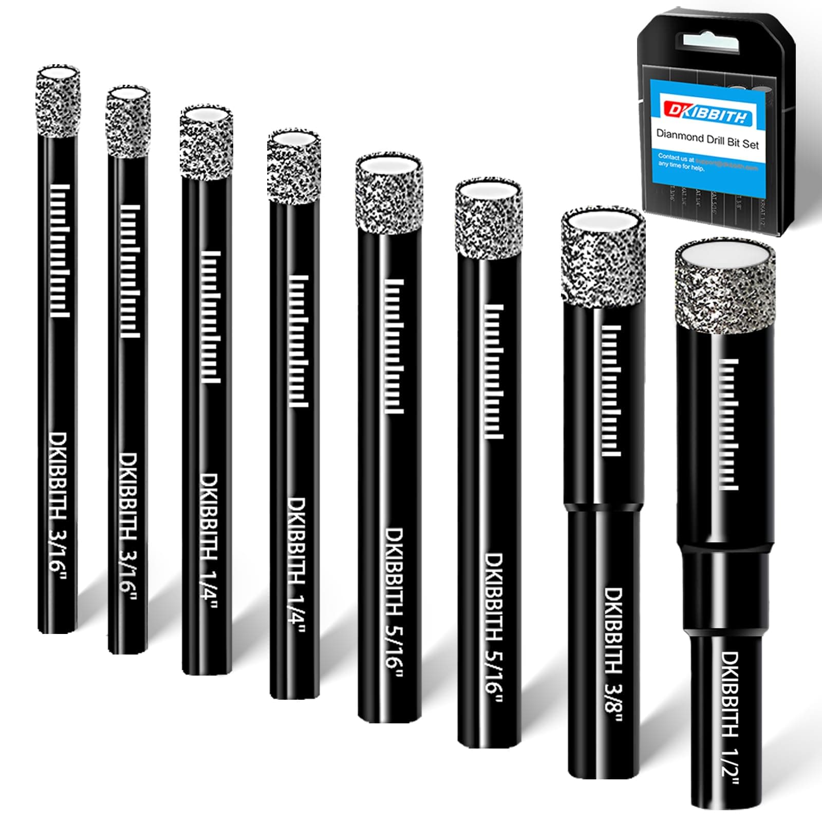 8 Pack Diamond Drill Bits Set for Granite Ceramic Marble Tile Stone Glass Hard Materials, Integrated Coolant for Fast Dry Drilling, Size 3/16 1/4 5/16 3/8 1/2 inch Masonry Core Drill Bits, Round Shank