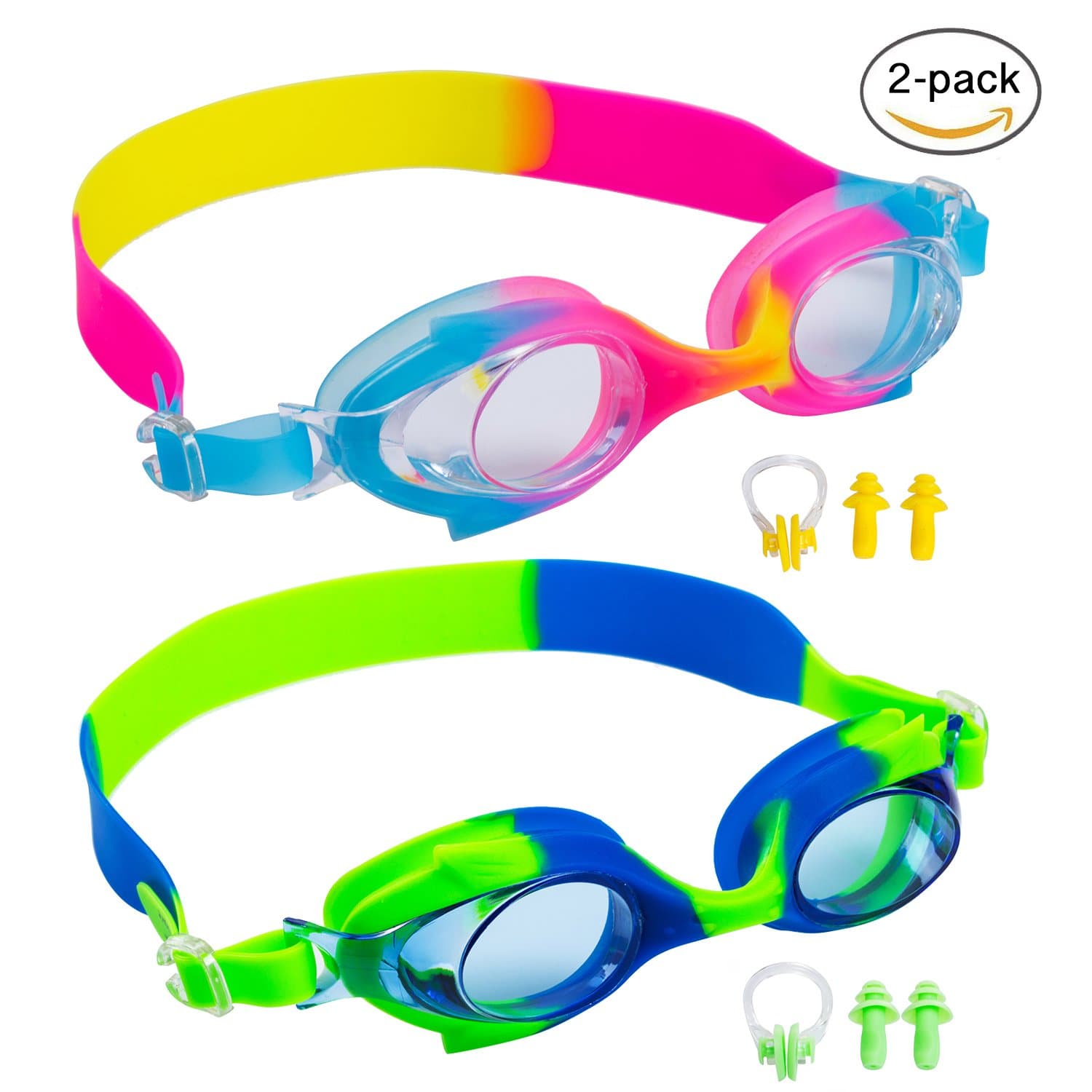 Kids Swim Goggles,Swimming Glasses for Children and Early Teens from 3 to 15 Years Old, Anti-Fog, Waterproof&UV Protection,With Ear Plugs and Nose Clip,2 Pack By Gowave