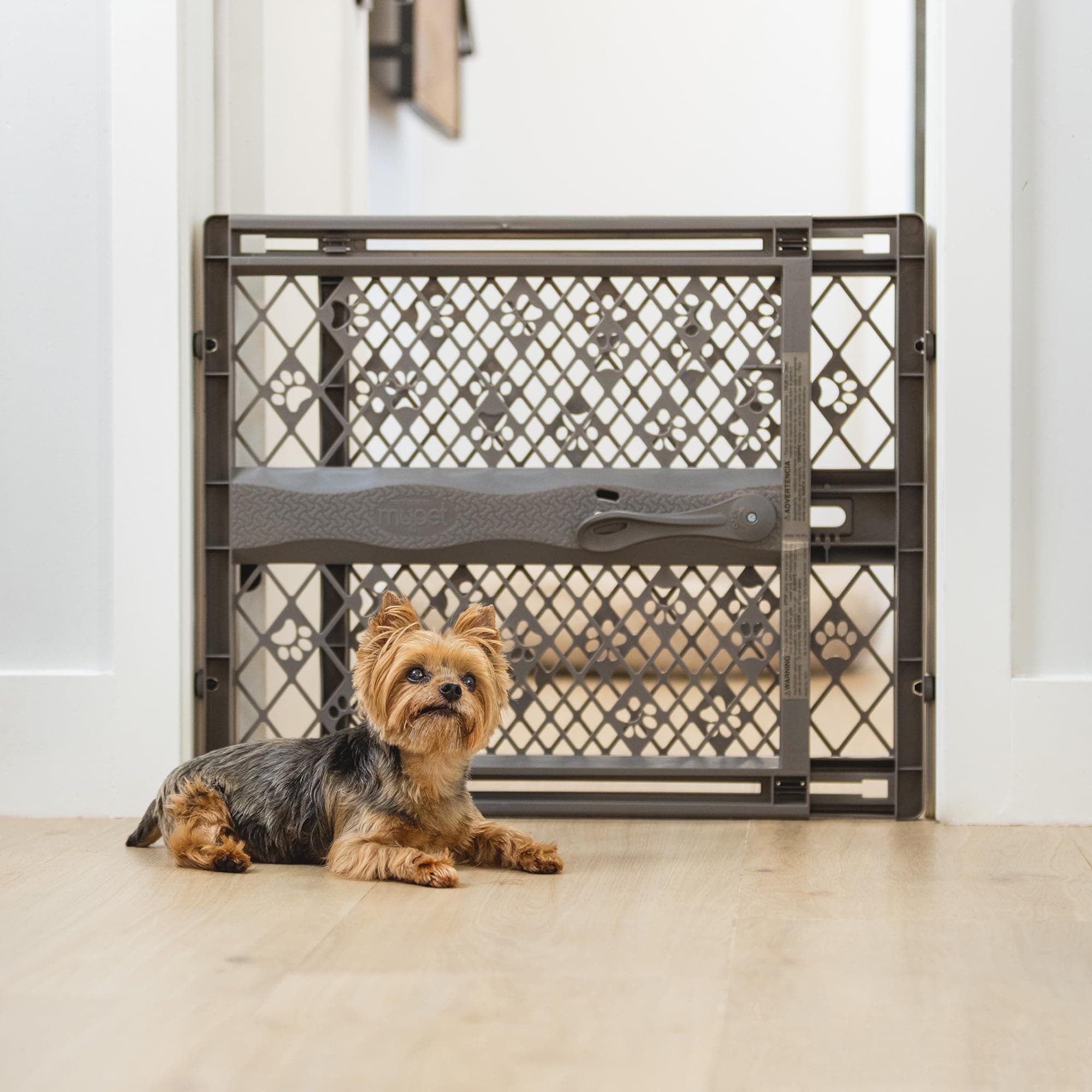 MYPET North States Paws Portable Pet Gate: 26-40" Wide. Pressure Mount. No Tools Needed. Made in USA, 23" Tall, Expandable, Durable Dog Gates for Doorways, Fieldstone Gray