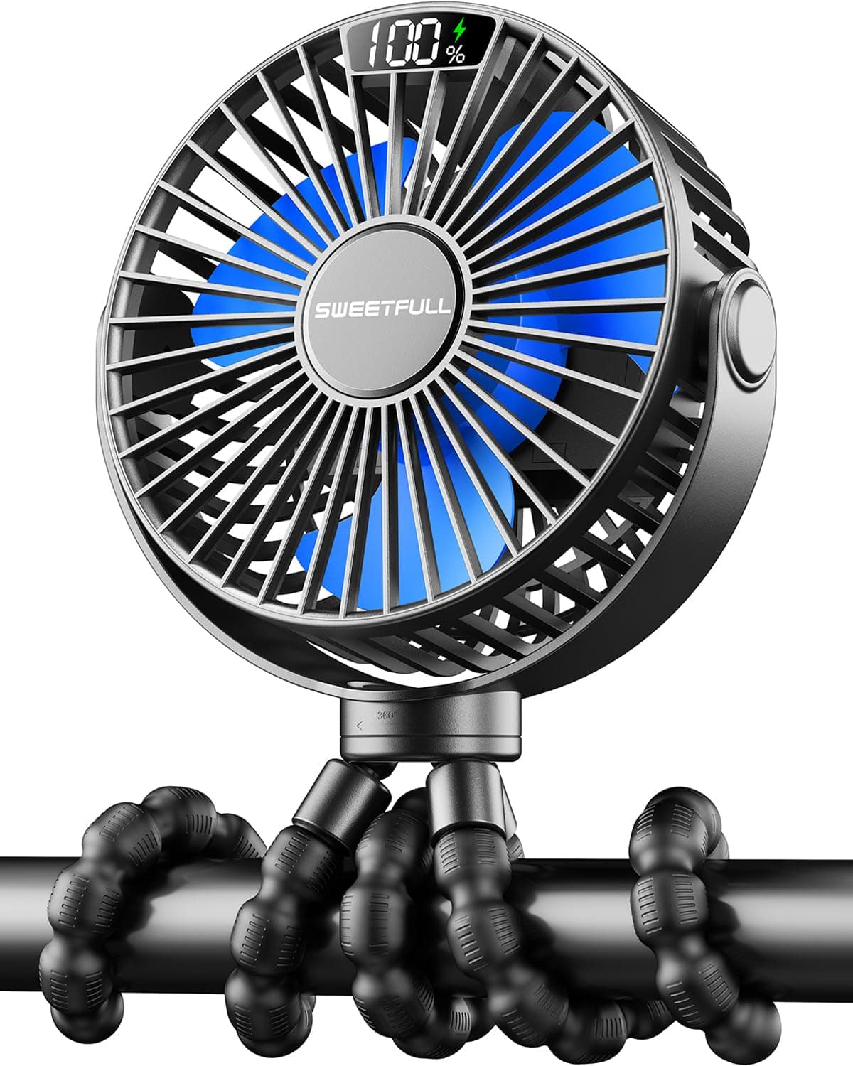 SWEETFULL Portable Stroller Fan with Display 4000mAh Battery Powered Mini Clip On Fan, 4-Speed Rechargeable Small Personal Cooling for Baby Car Seat Crib Travel - Black