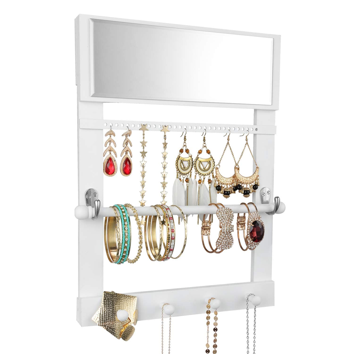 Vencipo Wooden Wall Mounted Jewelry Organizer Shelf with Mirror, White Jewelry Shelves with Removable Rod for Bracelets Storage, Jewelry Stand with Hooks Holder for Hanging Earrings, Necklace Racks.
