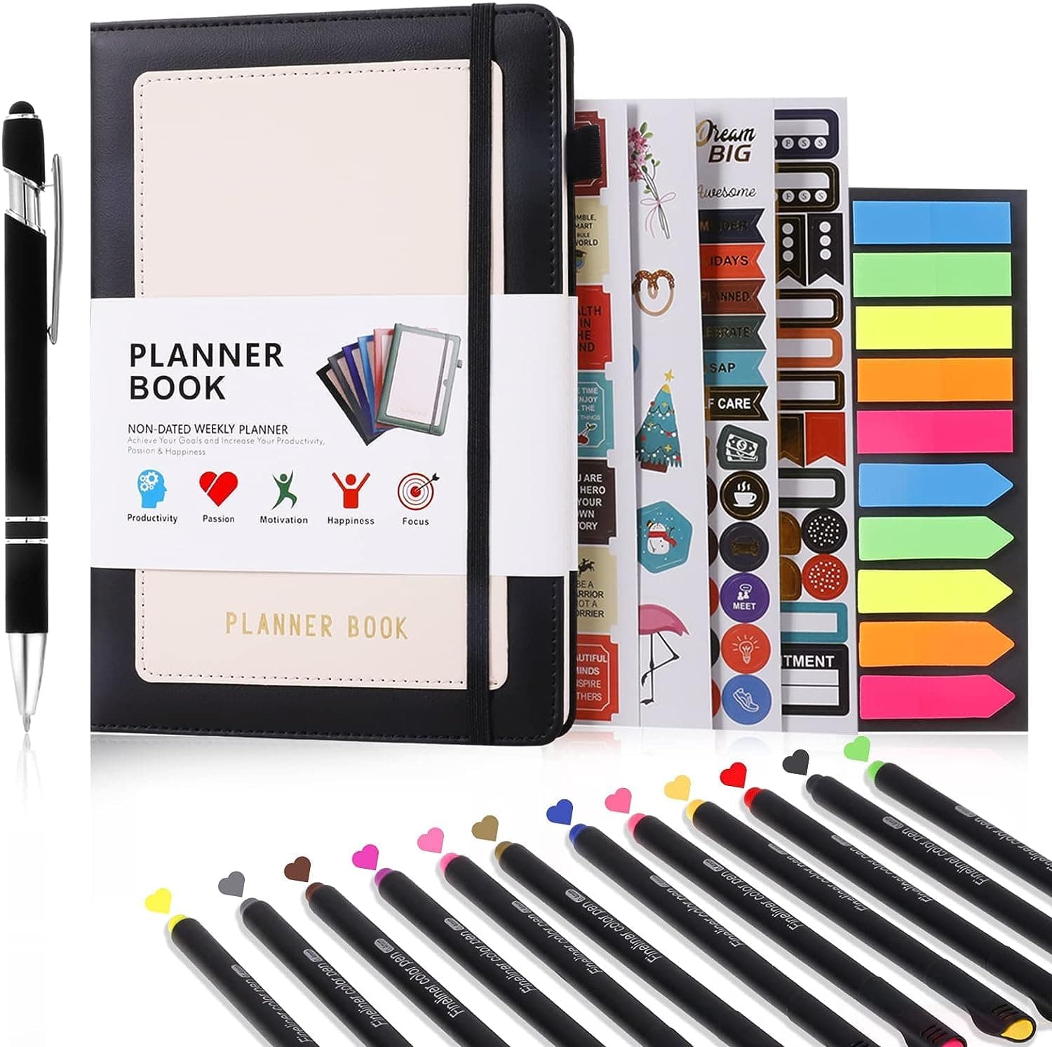 Wawasia Pu Leather Monthly and Weekly Life Planner Organizer Notebook with Sticky Index Tabs and Pen, Time Management, Daily Agenda, To Do List, Undated Daily Planner (Black)