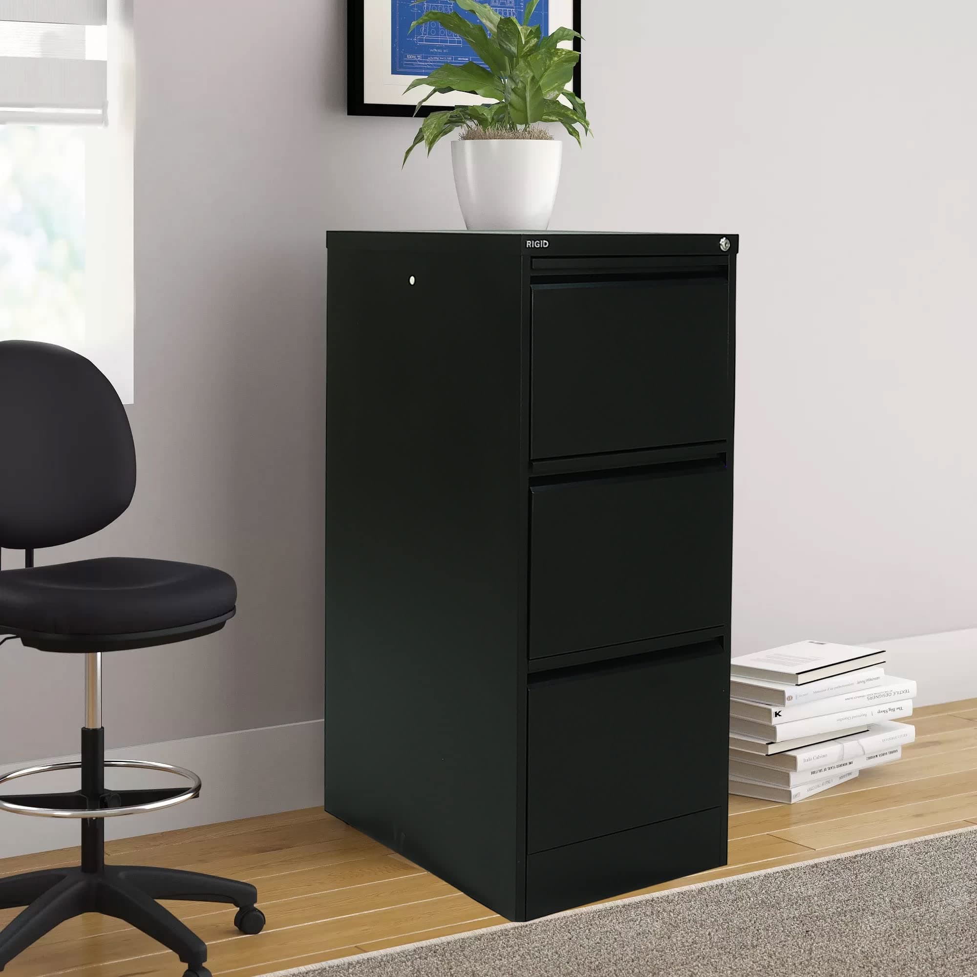 RIGID Vertical Filing Cabinet with 3 Drawers | Large Capacity Metal Document Organizer for Files | Key Locking, Space Efficient Office Storage Solution, Pre Assembled, Black (62D x 46.5W x 102.5H CM)