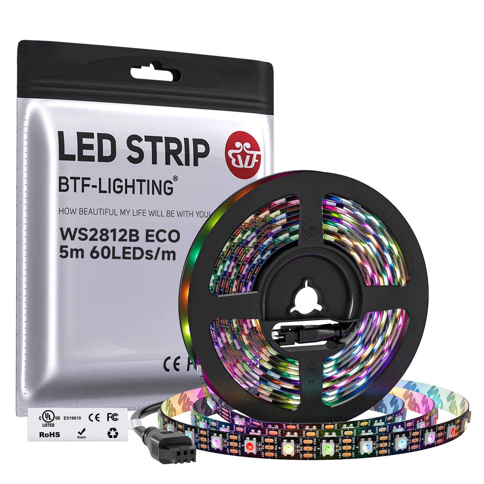 BTF-LIGHTING WS2812E ECO RGB Alloy Wires 5050SMD Individual Addressable 16.4FT 60Pixels/m 300Pixels Flexible Black PCB Full Color LED Pixel Strip Dream Color IP30 Non-Waterproof DIY Projects Only DC5V