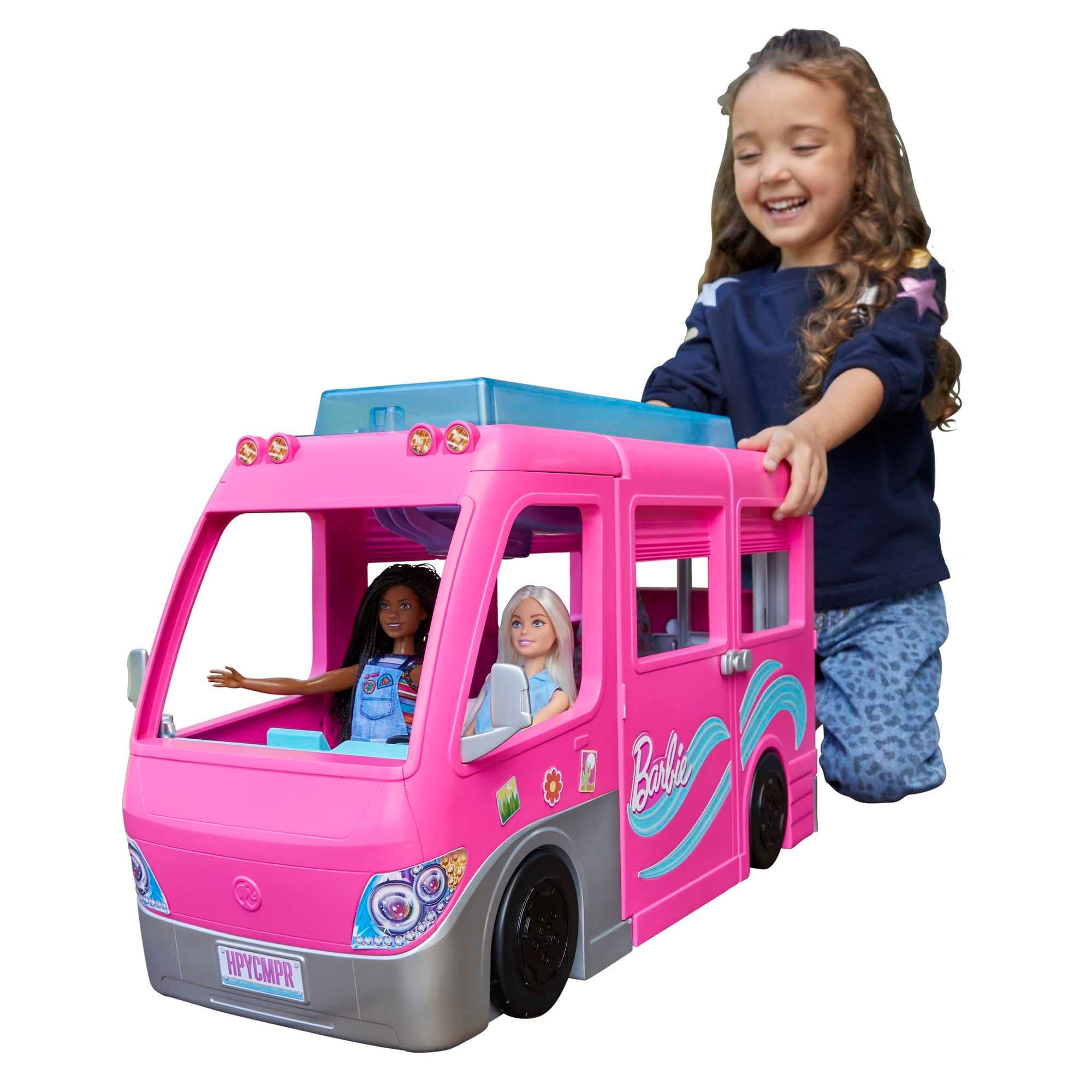 Dream Camper, Pink Camper with 7 Play Areas, 60 Toy Accessories, 2 Puppies, Pool and 80 cm Slide, Toys for Ages 3 and Up, One Barbie Camper, HCD46