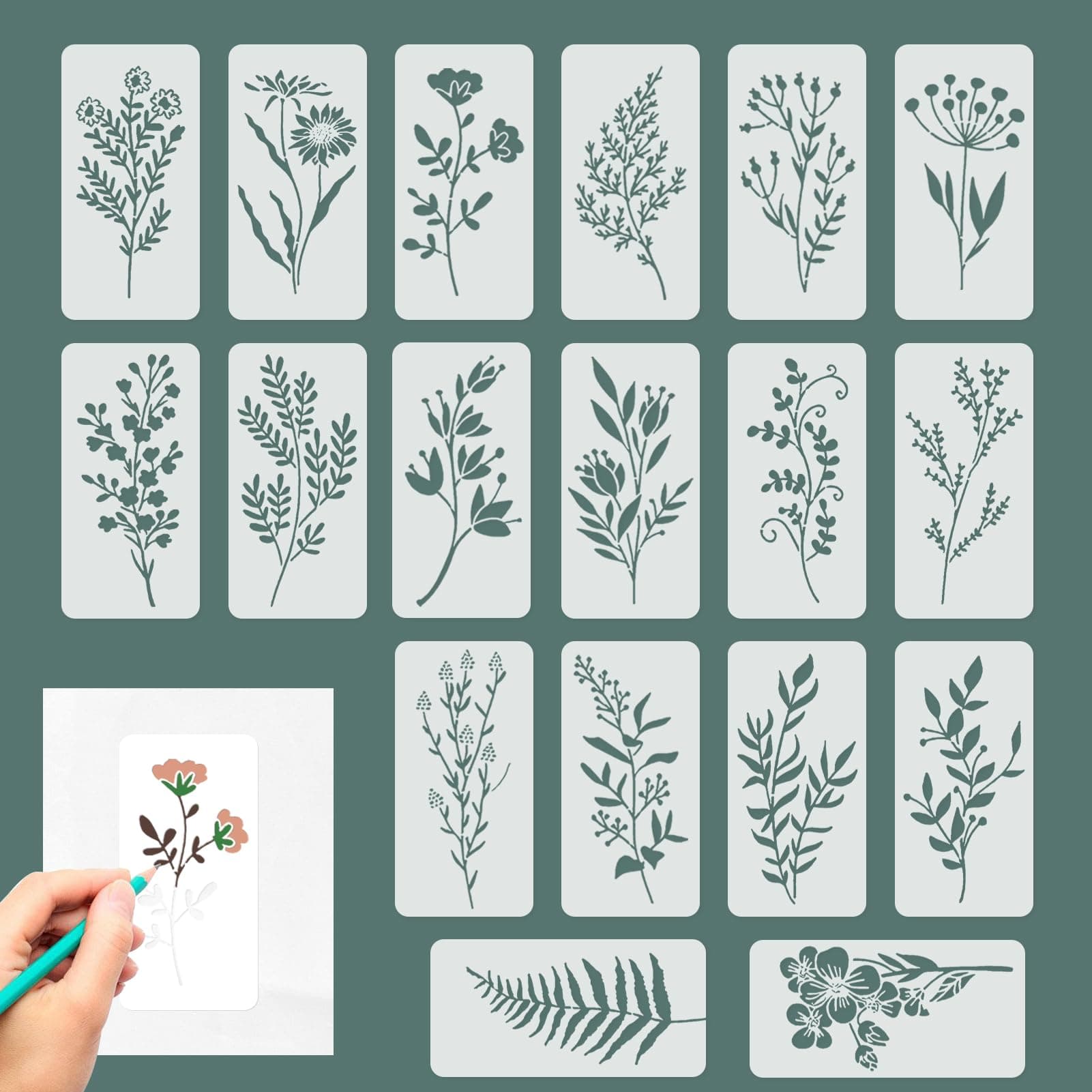 18 Pieces Reusable Stencils, Nature Flower Stencils for Fabric Painting, Drawing Templates of Floral Leaves for Wood Canvas DIY Art Card Notebook Scrapbook Window Wall Decor