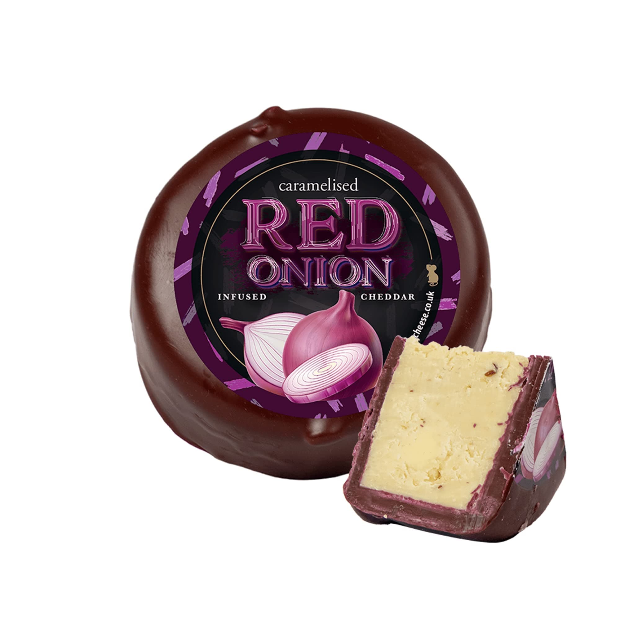 Caramelised Red Onion Cheese Truckle (200g). A Delicious And Classic Flavour Combination Of Cheese And Caramelised Red Onions. The Chuckling Cheese Company.