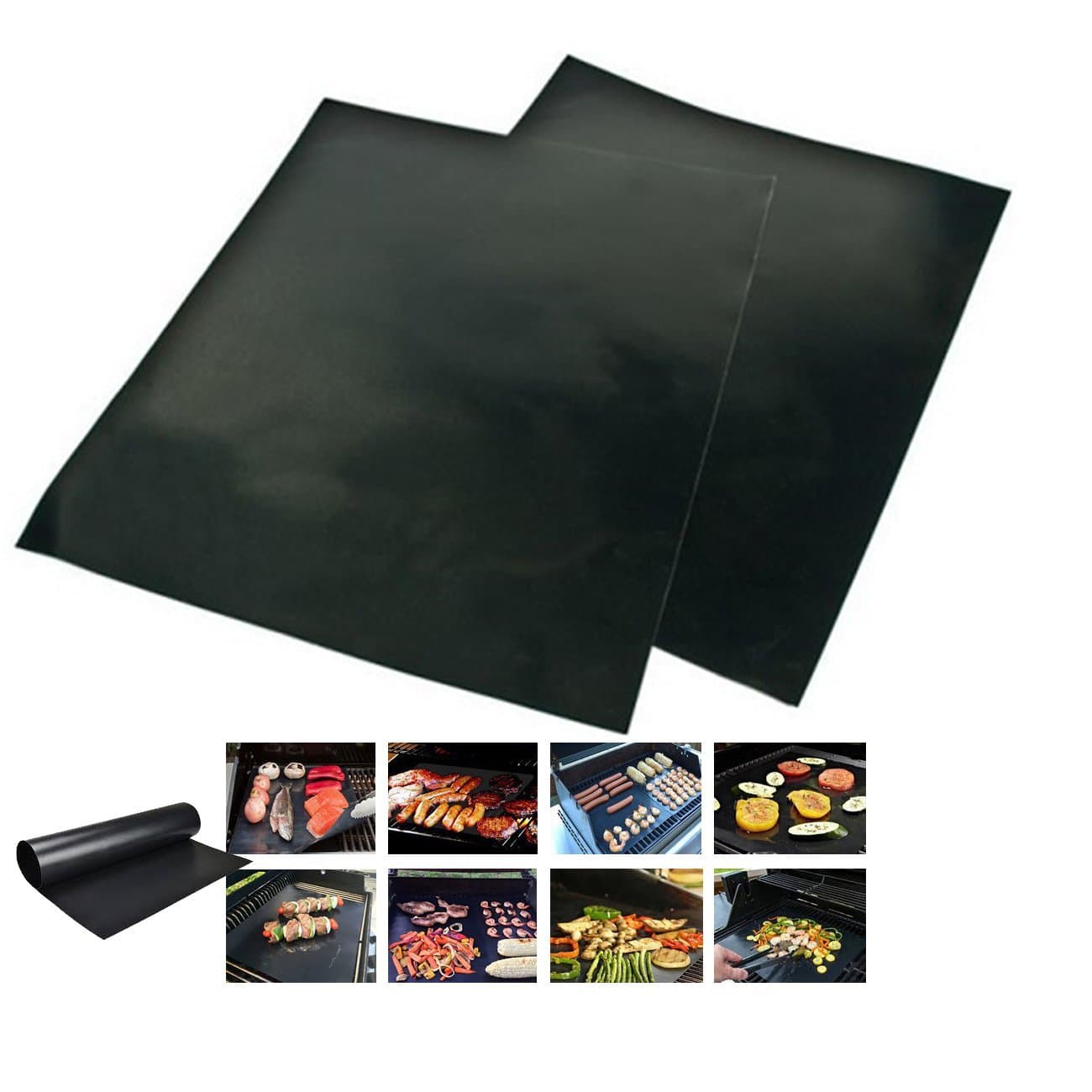 Set of 2 BBQ Grill Mat (40x33 cm) - 100% Teflon Non Stick and Reusable - Baking and Grilling without a mess - no falling through or sticking food food - Rectangular and can be cut to size
