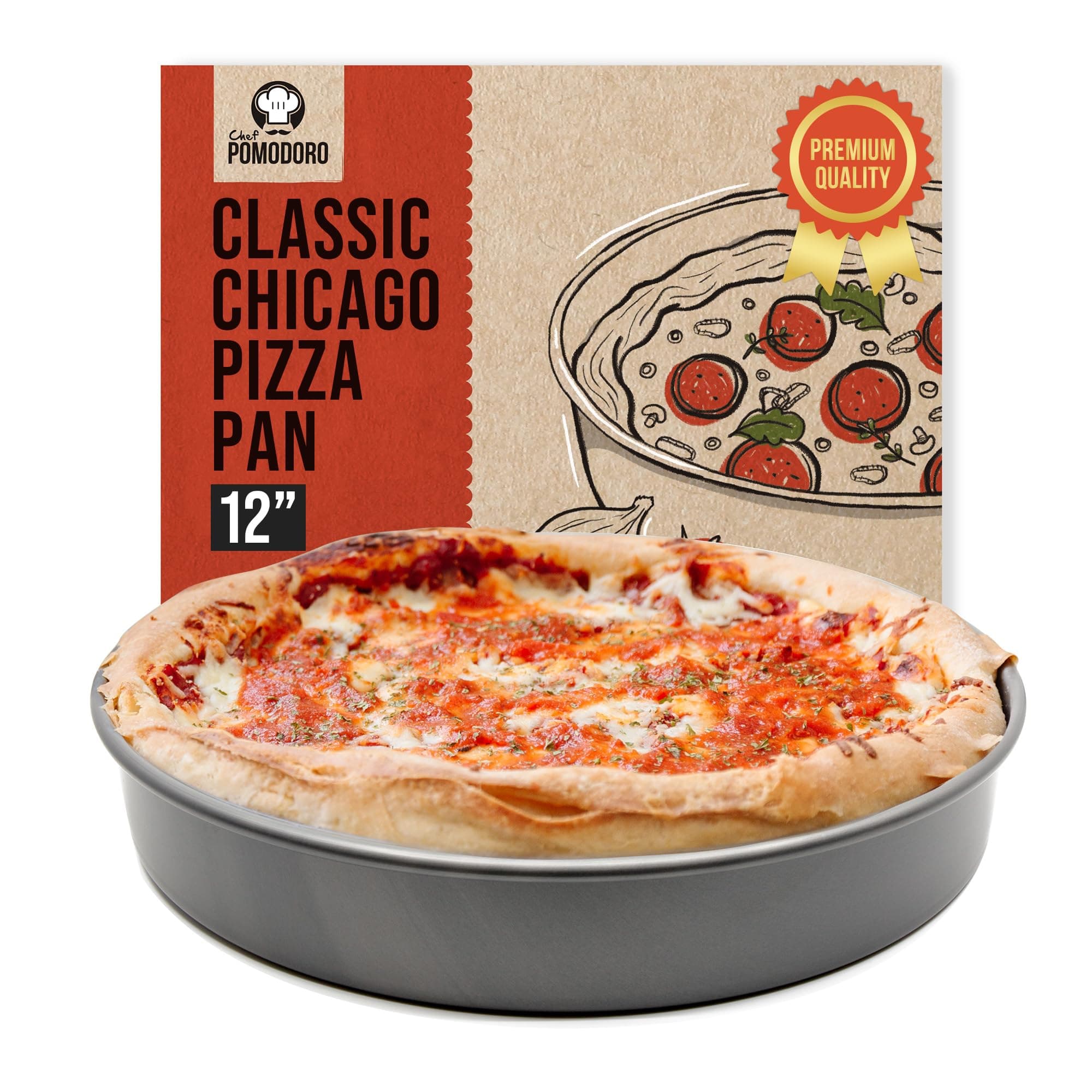 Chef Pomodoro Chicago Deep Dish Pizza Pan 12 Inch, Hard Anodized Aluminum Pizza Pan for Oven, Pre-Seasoned Bakeware Kitchenware, Non-Stick Round Pizza Pans 12-Inch (30 cm)
