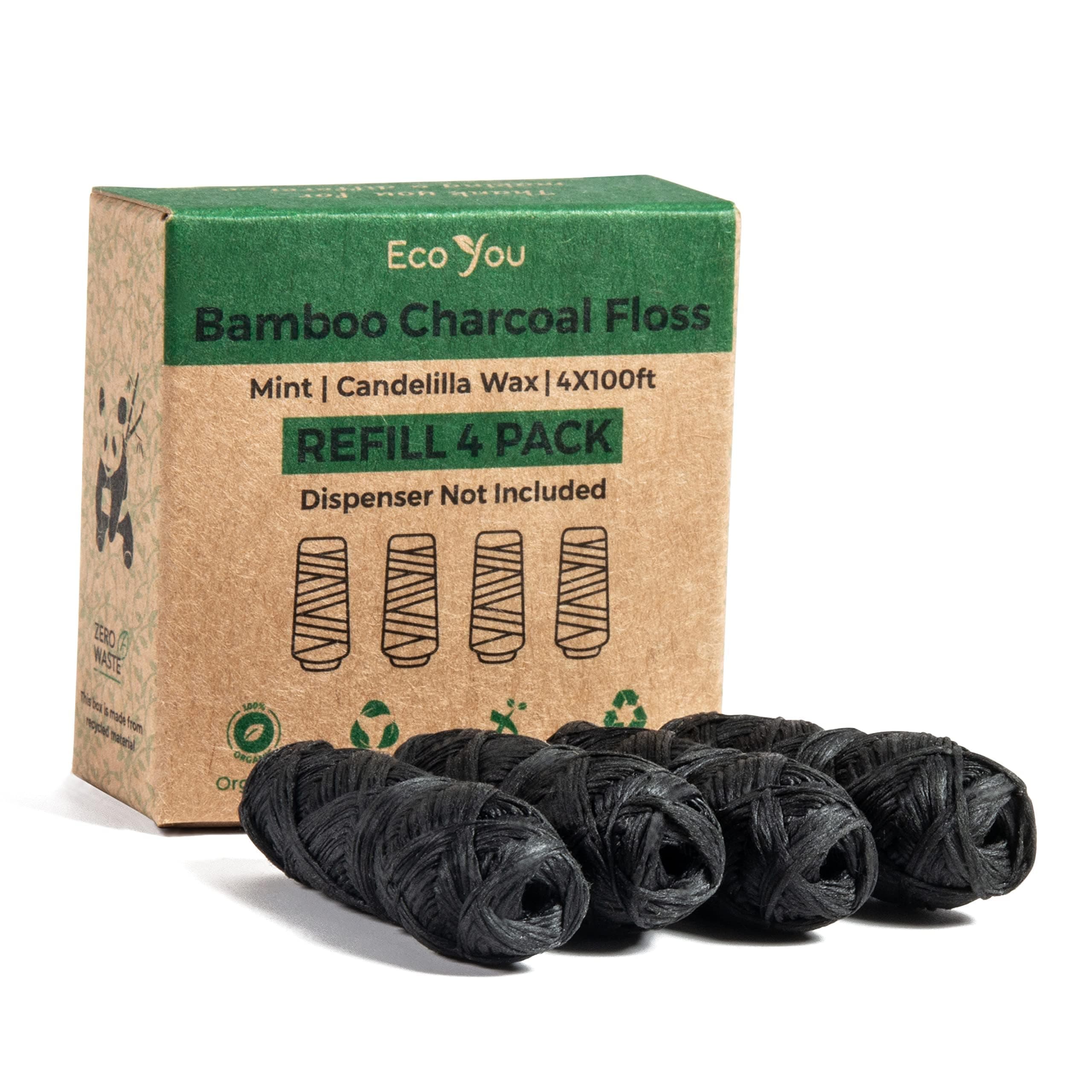 Bamboo Charcoal Dental Floss | Mint & Candelilla Wax | Vegan & Biodegradable (4 Refills Pack) | Pfas Free