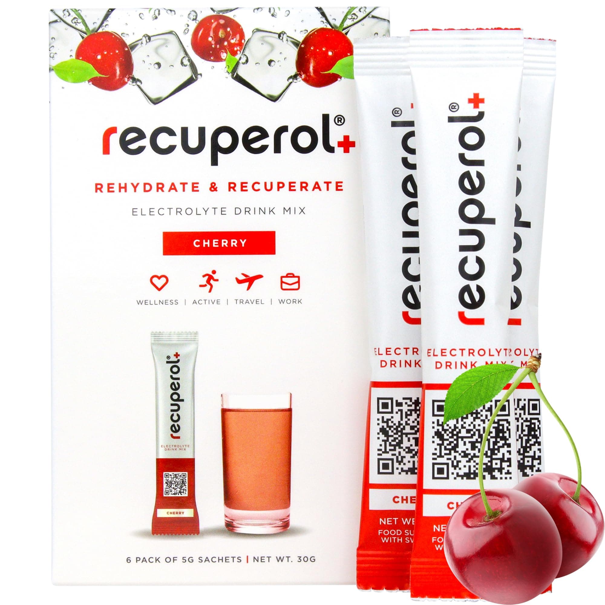 Recuperol Electrolytes Sachets - Rehydration Electrolytes Powder with Zinc, Vitamin C, B12, D3 & Potassium for Hydration - Sugar Free, Vegan & Low Calorie - Cherry 6 Pack
