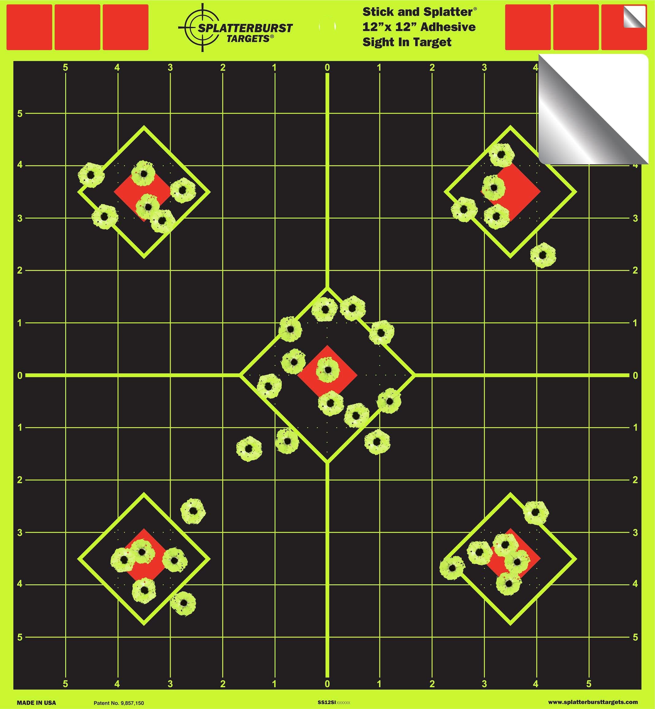 Splatterburst Targets - 12 x 12 inch Sight in Stick & Splatter Self Adhesive Shooting Targets - Shots Burst Bright Fluorescent Yellow - Great for All Firearms, Airsoft & Pellet Guns - Made in USA