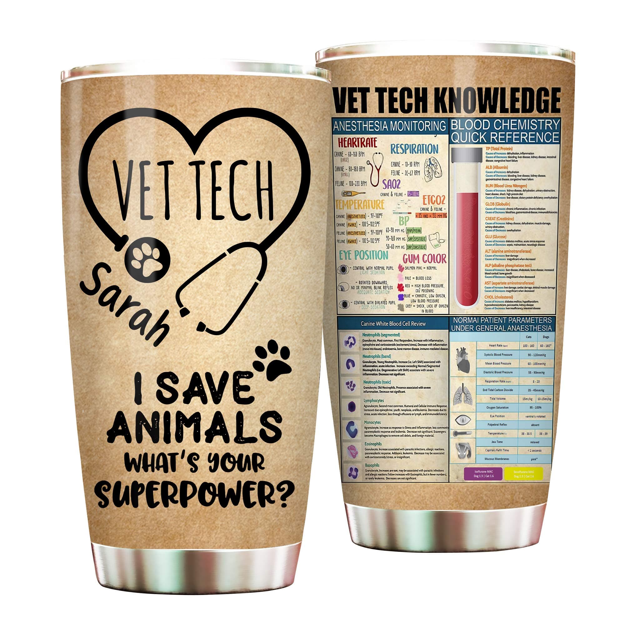 Veterinarian I Save Animals What's Your Superpower Vet Tech Knowledge Personalized Tumbler Cup, Gift For Veterinarian, Veterinary Technician 20oz Insulated Coffee/Tea Tumbler with Lid