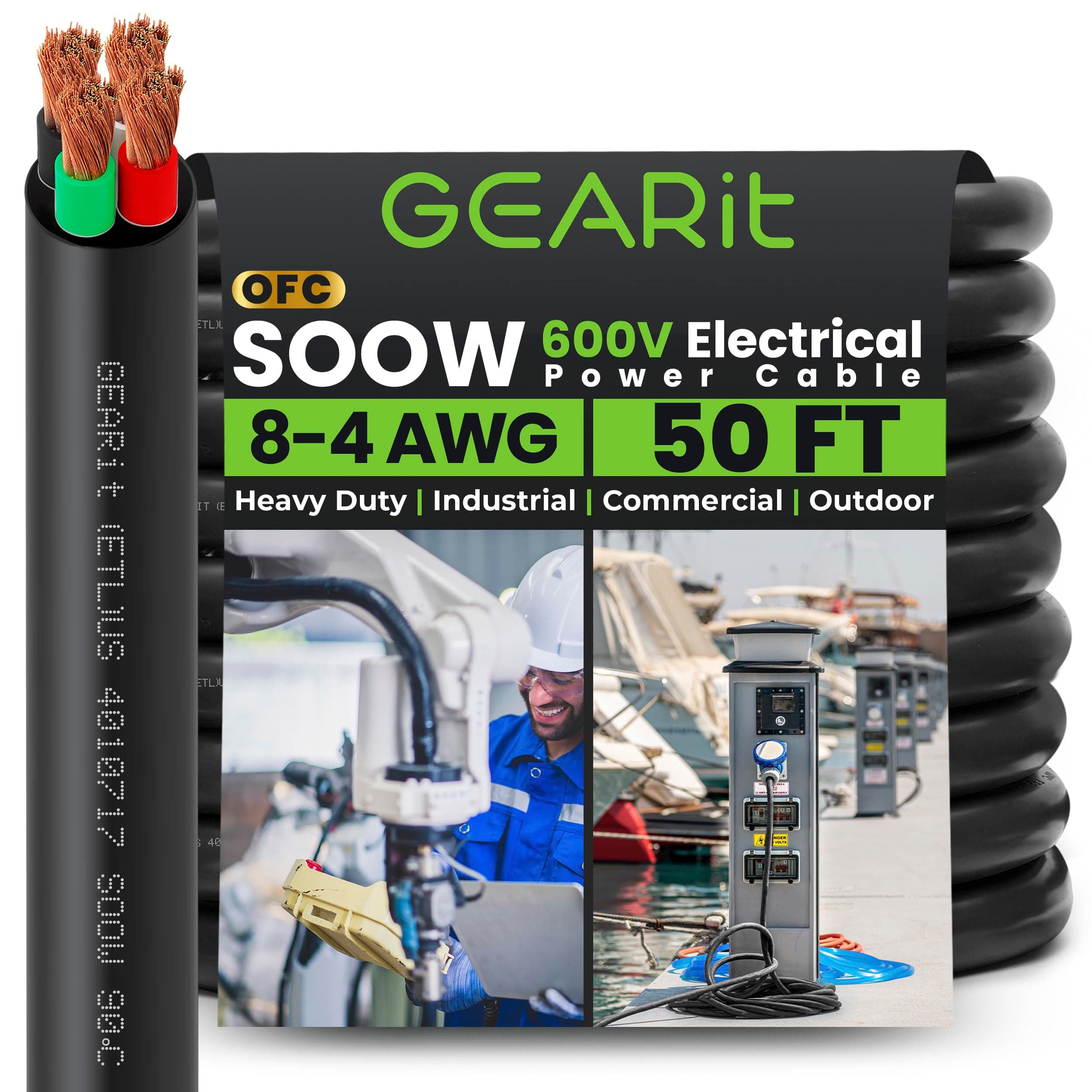 GEARit 8/4 8 AWG Portable Power Cable (50 Feet - 4 Conductor) SOOW 600V 8 Gauge Electric Wire for Motor Leads, Portable Lights, Battery Chargers, Stage Lights and Machinery -50ft Electrical Cord