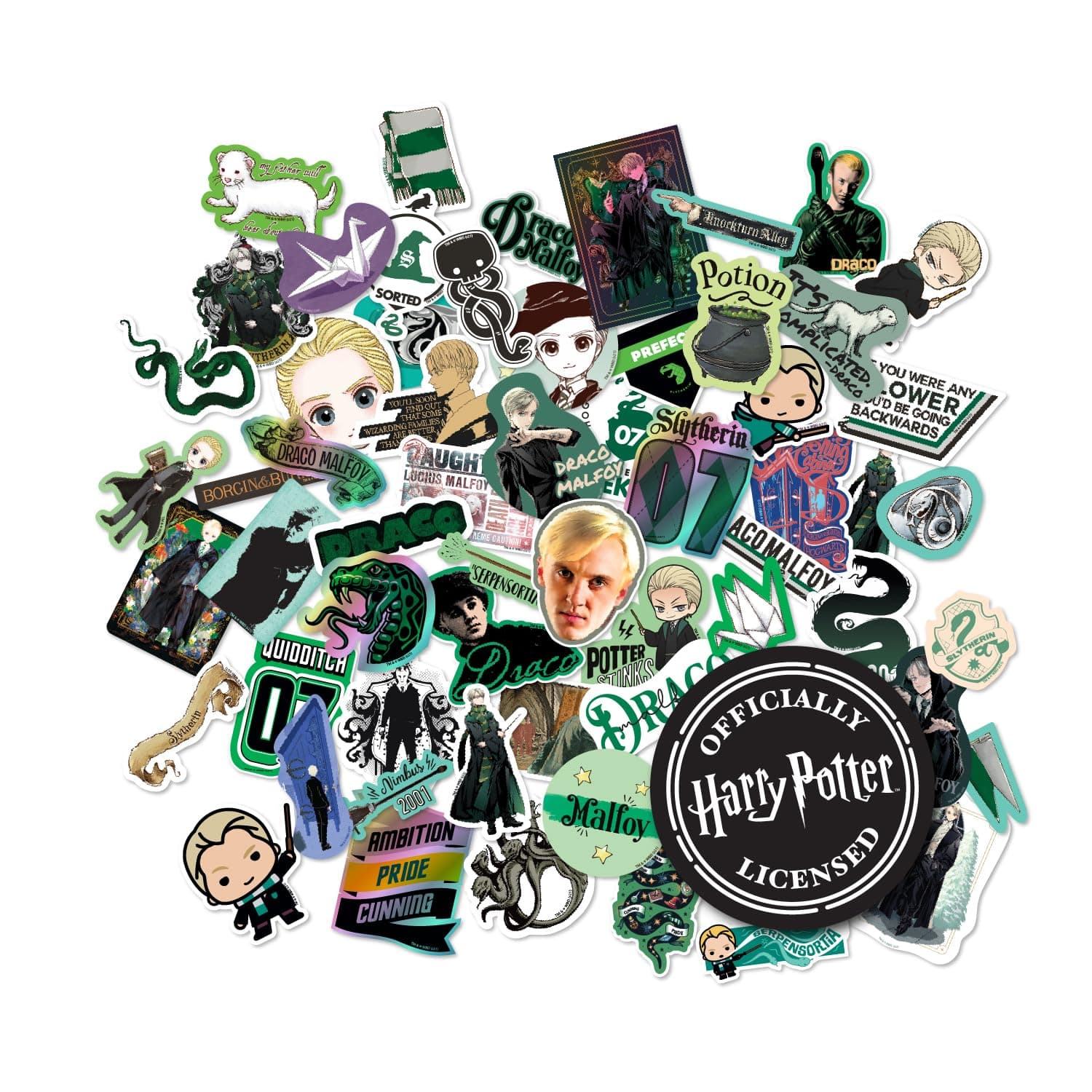 Conquest Journals Harry Potter Draco Malfoy Slytherin Vinyl Sticker Decal Pack, 60-Count, Waterproof, UV & Scratch-Resistant, Decals for Laptops, Water Bottles, Kindles & More, Officially Licensed