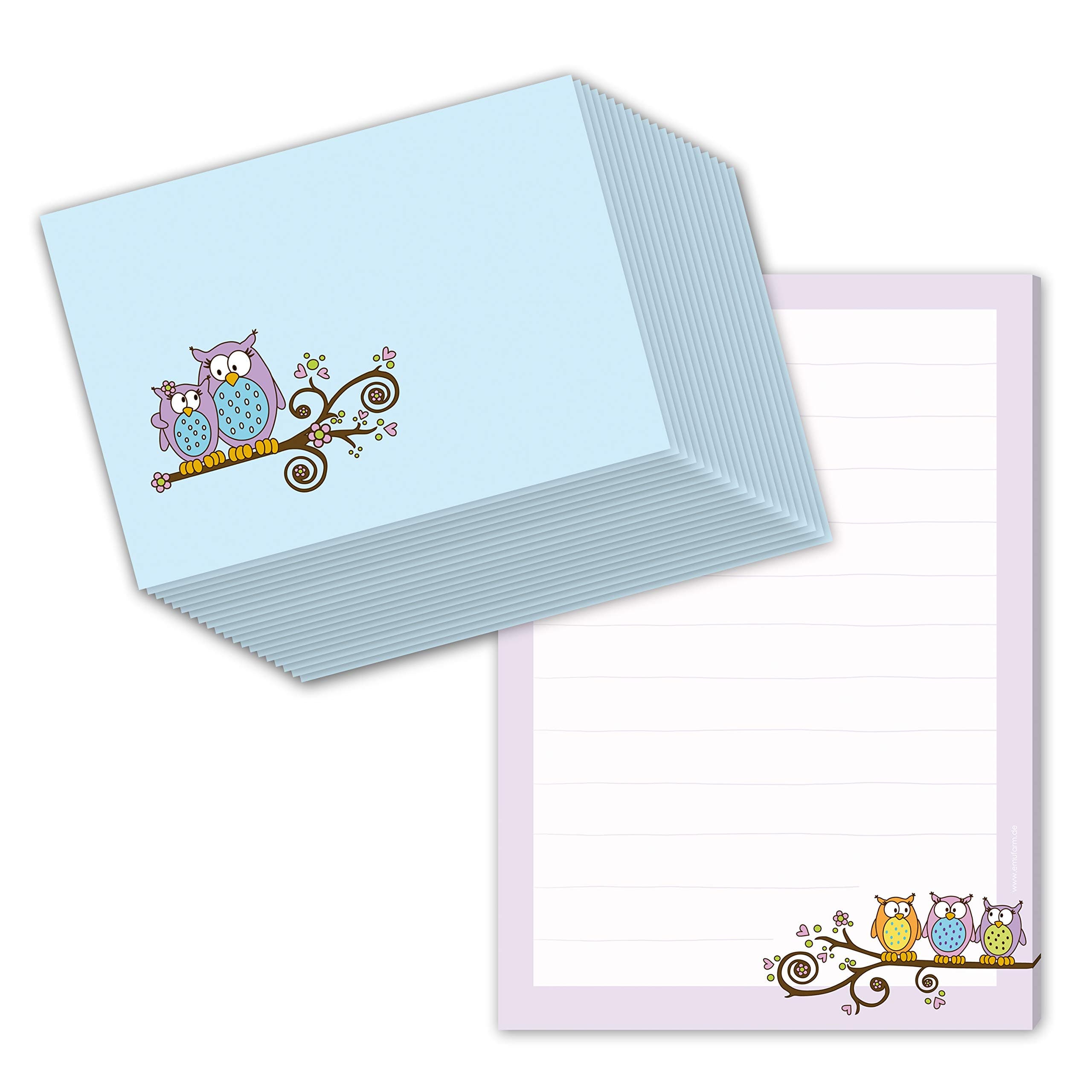 Writing Paper Set for Children with Owls Design, DIN A5 (Lined 50 Sheets), Includes 20 Matching Envelopes / Stationery for Children / Letter paper for girls