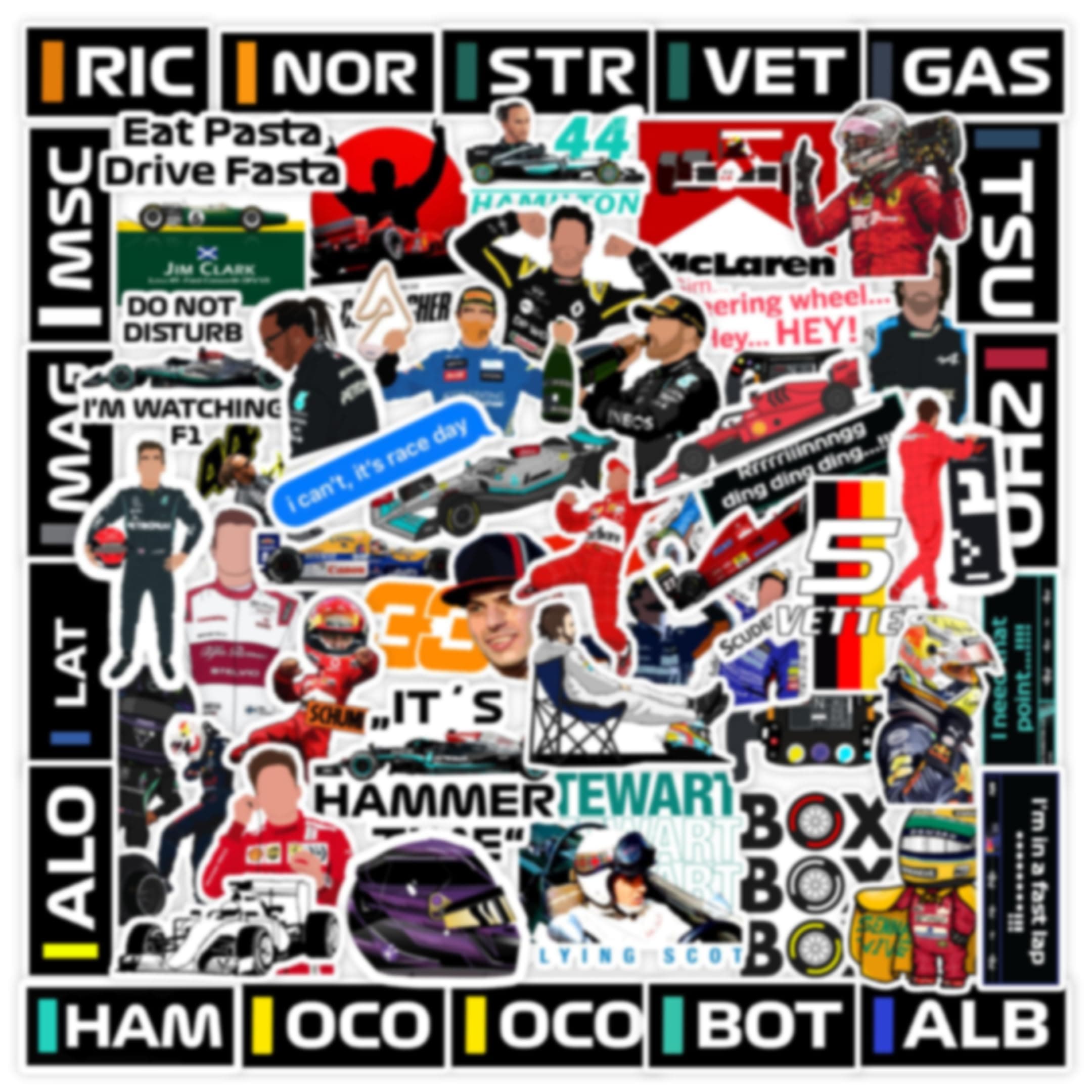 Pack of 60 F1 Formula One Racing Vinyl Stickers for Laptop, Journal, Bike Helmet, Diary, Guitar, Mobile Case - Waterproof Residue Free Stickers