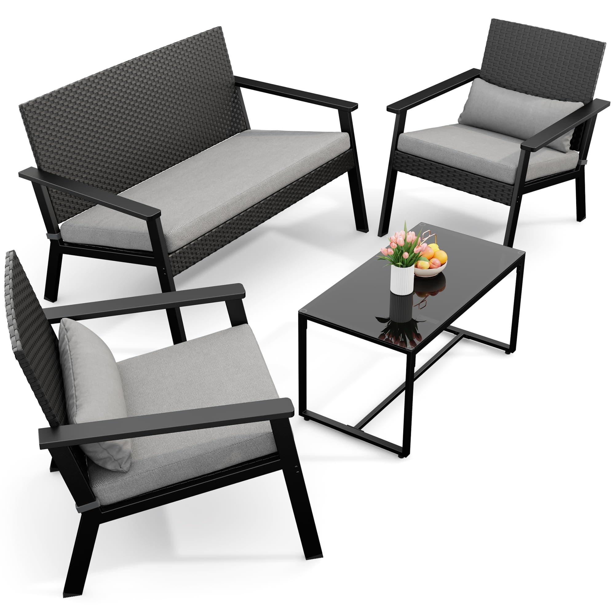 4-Piece Outdoor Wicker Patio Furniture Set with Deep Seating Cushions and Table for Balcony, Backyard, and Porch (Gray)