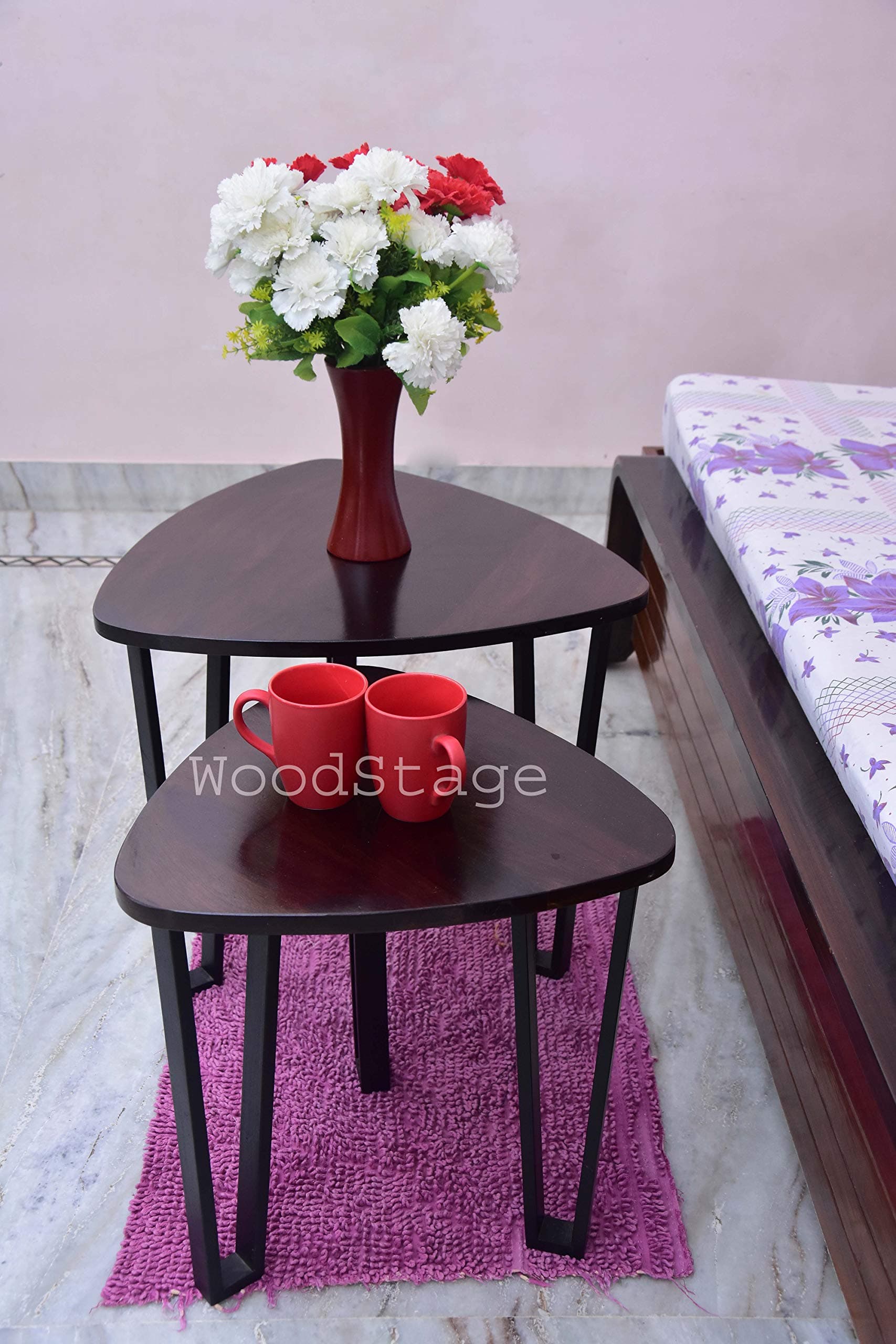 Solid Sheesham Wood Nesting Tables Set of 2 | Stools for Living Room | Multipurpose Wooden Bedside End Tables for Home, Bedroom and Office | Durable Wooden Furniture (Dark Brown Finish)